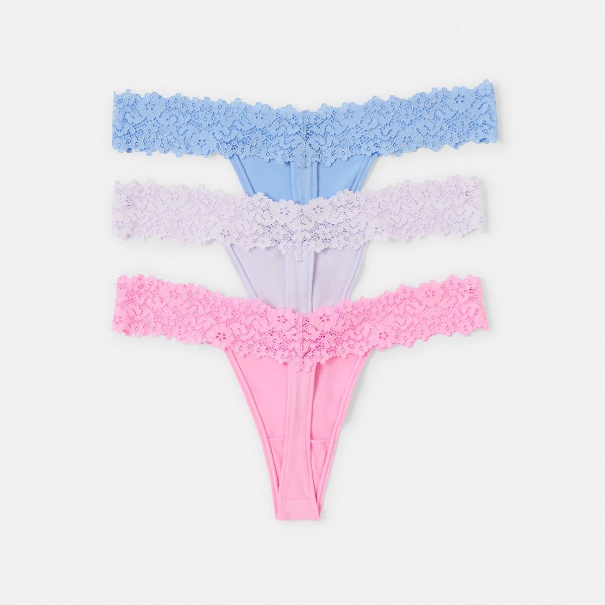 2 3 Pack Cotton Lace G-String Briefs Bl Ff Hy, 2 of 8