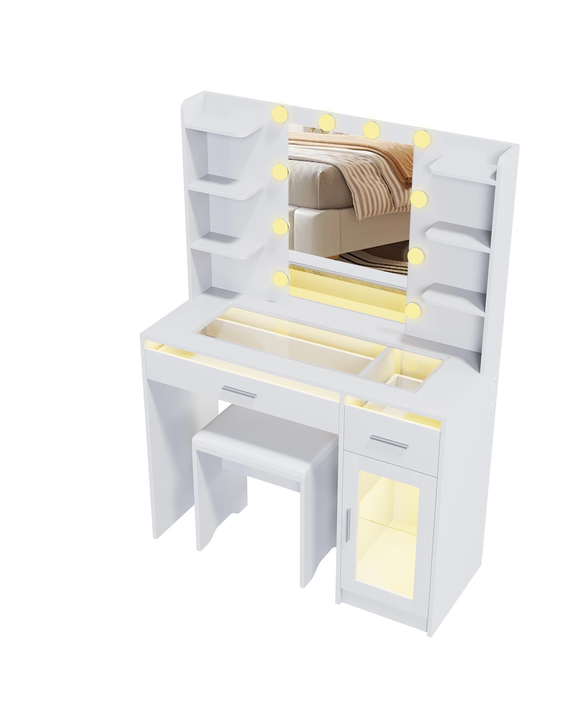 8 Advwin Dressing Table Vanity Desk with Glass Tabletop & Cabinet LED Light Charging Station - White, 8 of 9