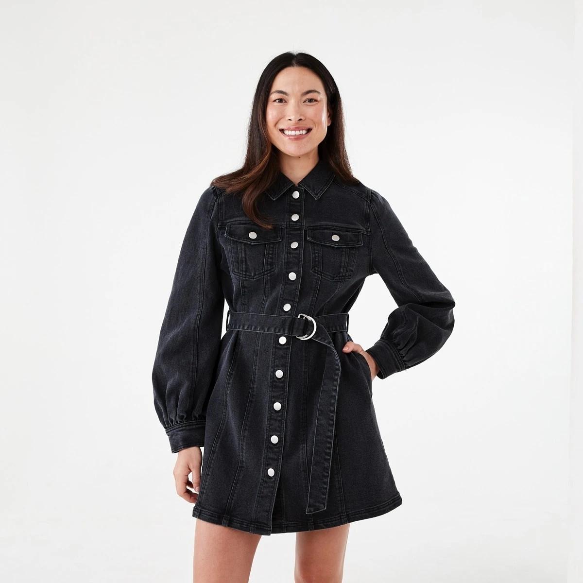 1 Long Sleeve Belted Denim Mini Dress Black Wash, 1 of 9
