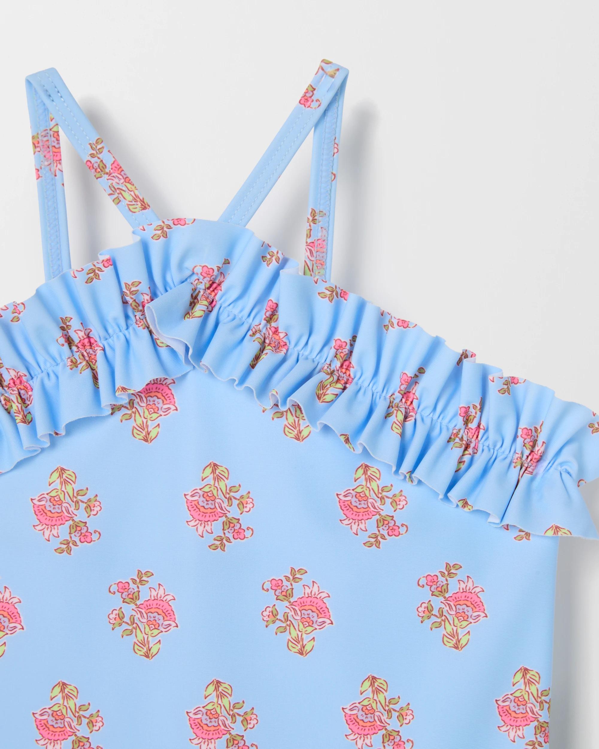 2 Target Kids Halter Neck Ruffle One Piece Swimsuit BLUE STAMP AOP, 2 of 3