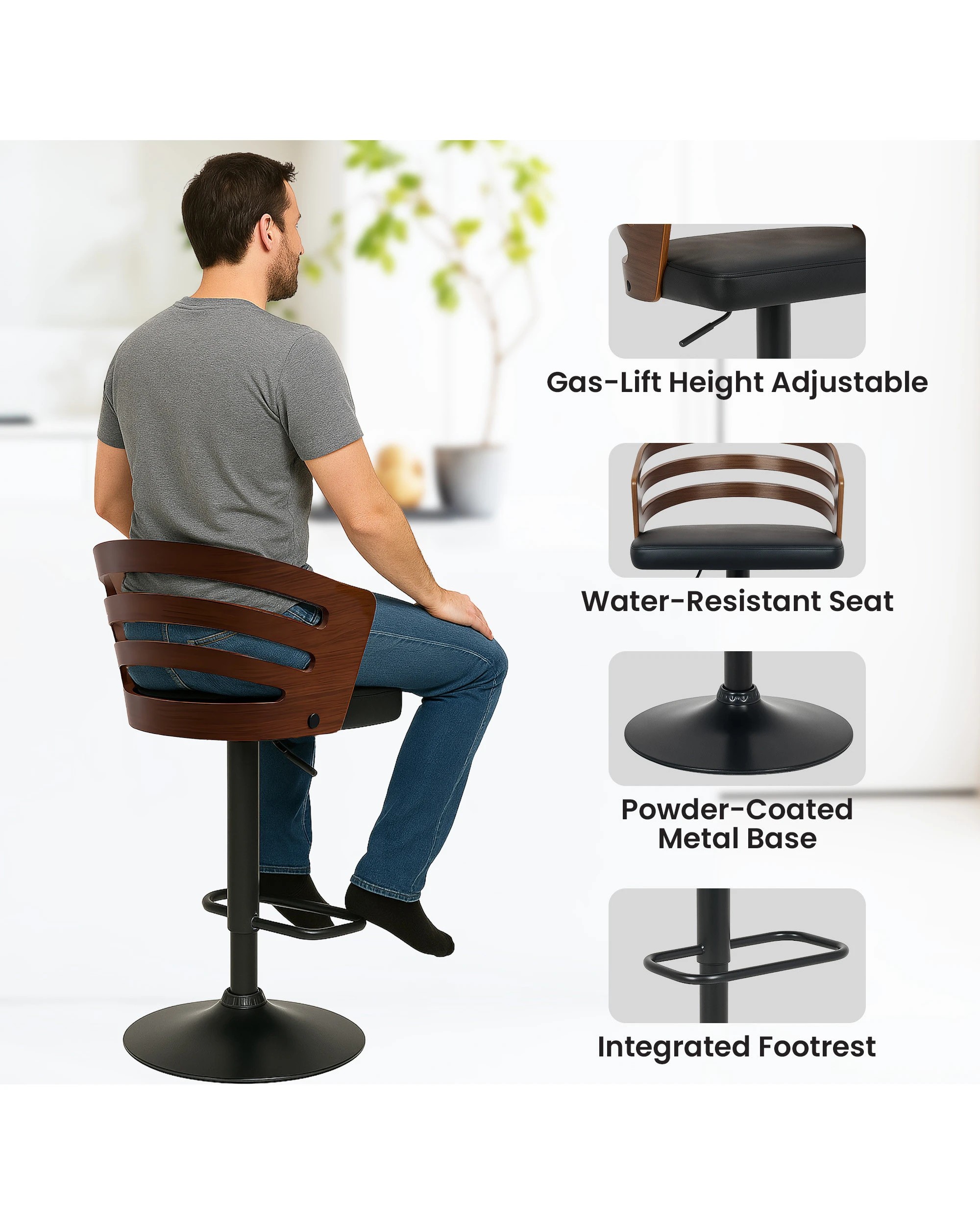 7 Sarantino Bentwood Walnut Barstool Leather Seat And Metal Base, 7 of 10