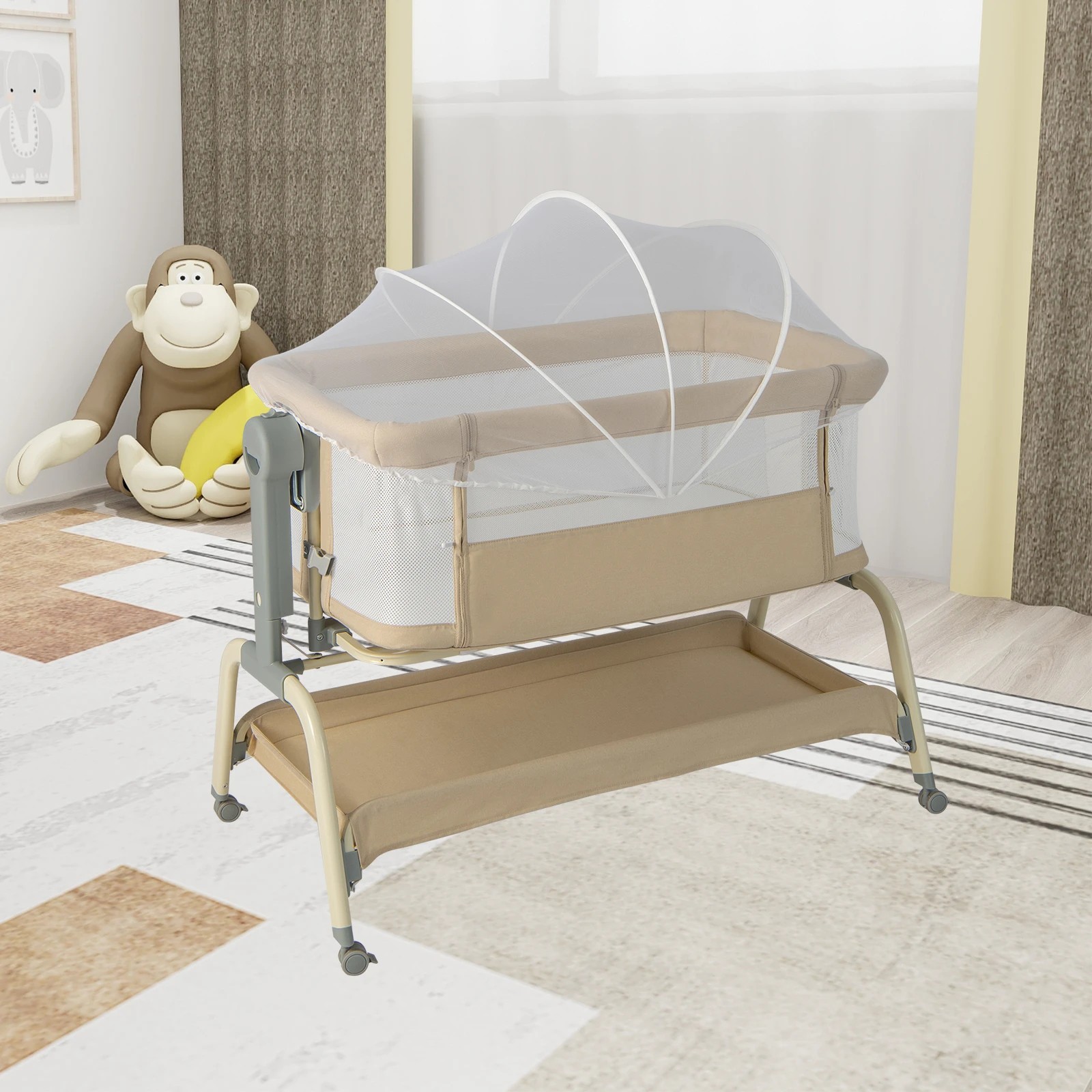 2 Costway 4-in-1 Baby Cot Bed Mobile Bedside Sleeper - Beige, 2 of 5