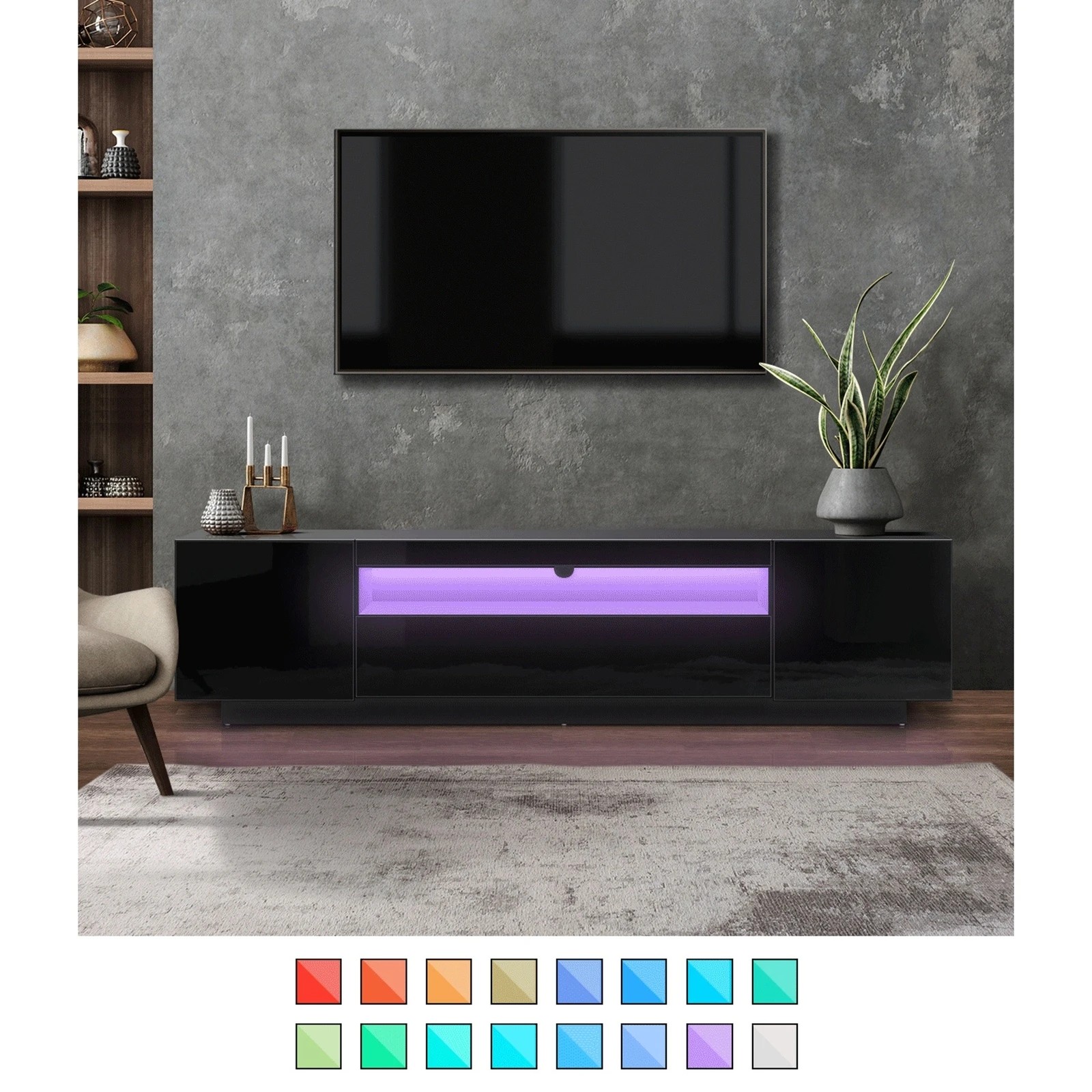 3 Oikiture Entertainment Unit Hight Gloss Rgb Led 180cm
 - Black, 3 of 8