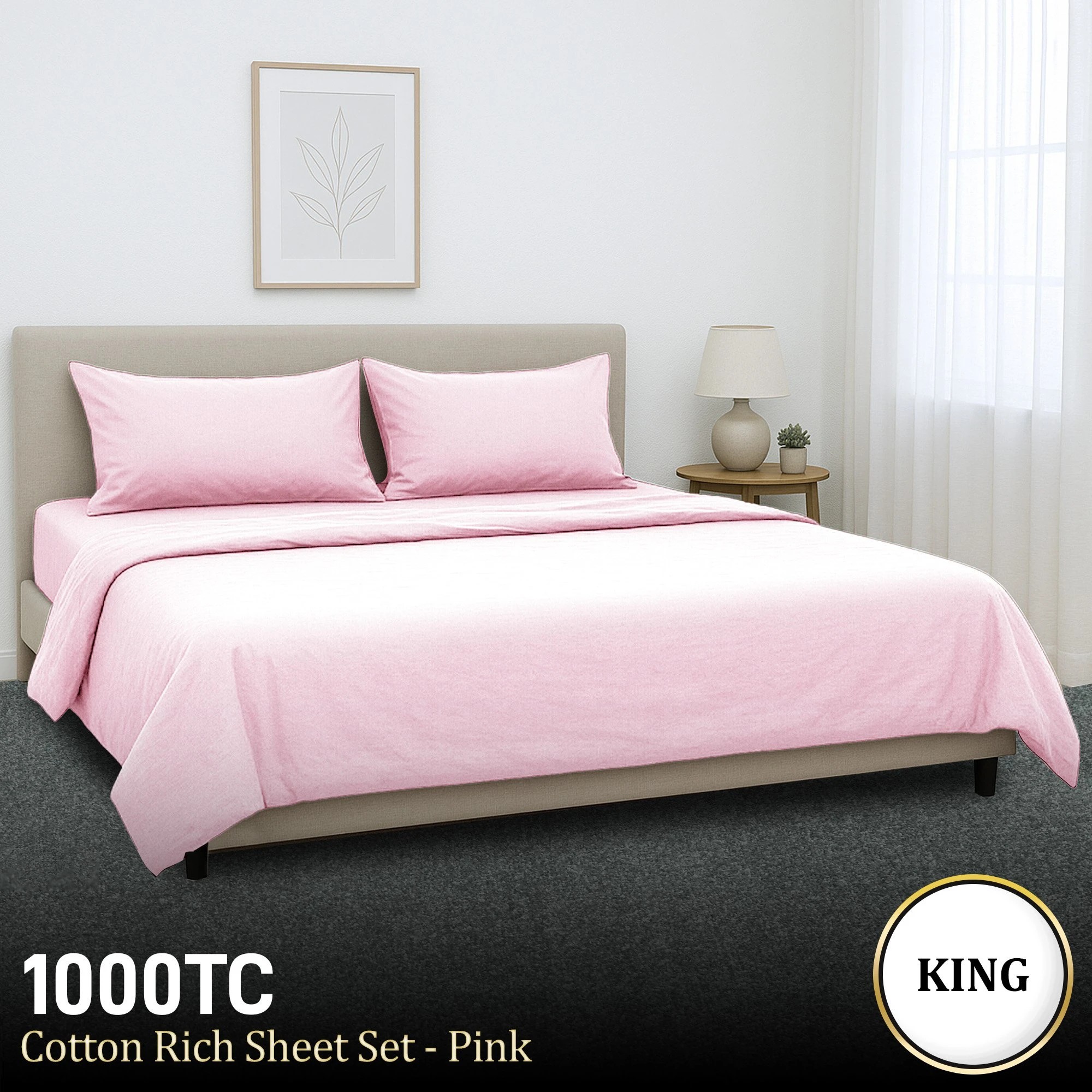 9 4pc 1000 Thread Count Cotton Rich King Bed Sheet Gift Pack Cvc Microfibre Blend In Pink
 - King Bed, 9 of 9