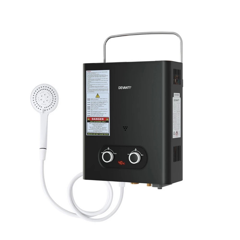 1 Devanti Portable Gas Water Heater LPG-powe System - Black, 1 of 6