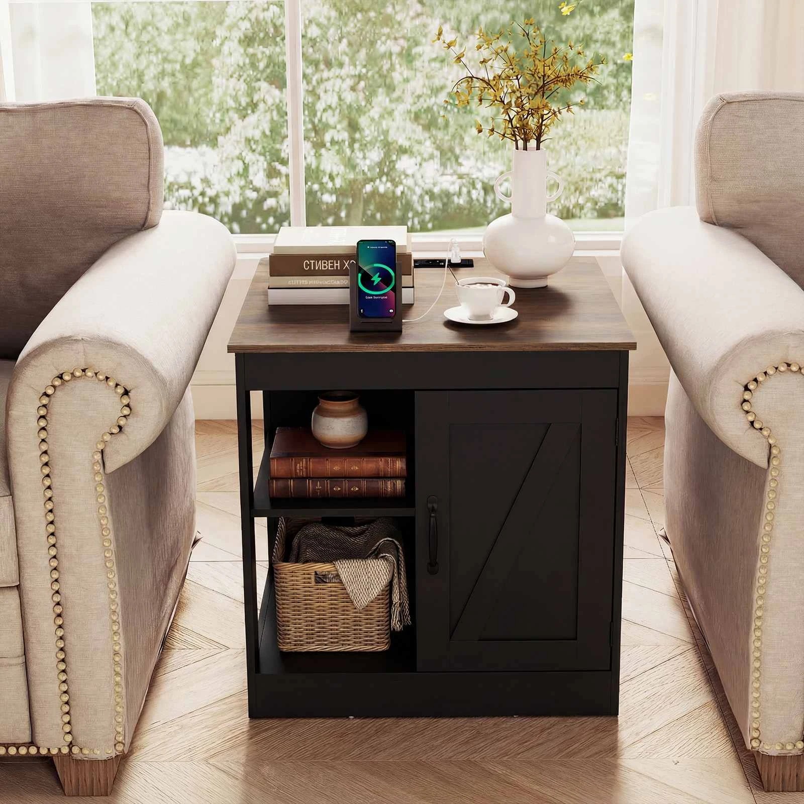 4 Costway Farmhouse End Table w/Power Outlets Sofa Bedside Table Nightstand, 4 of 4