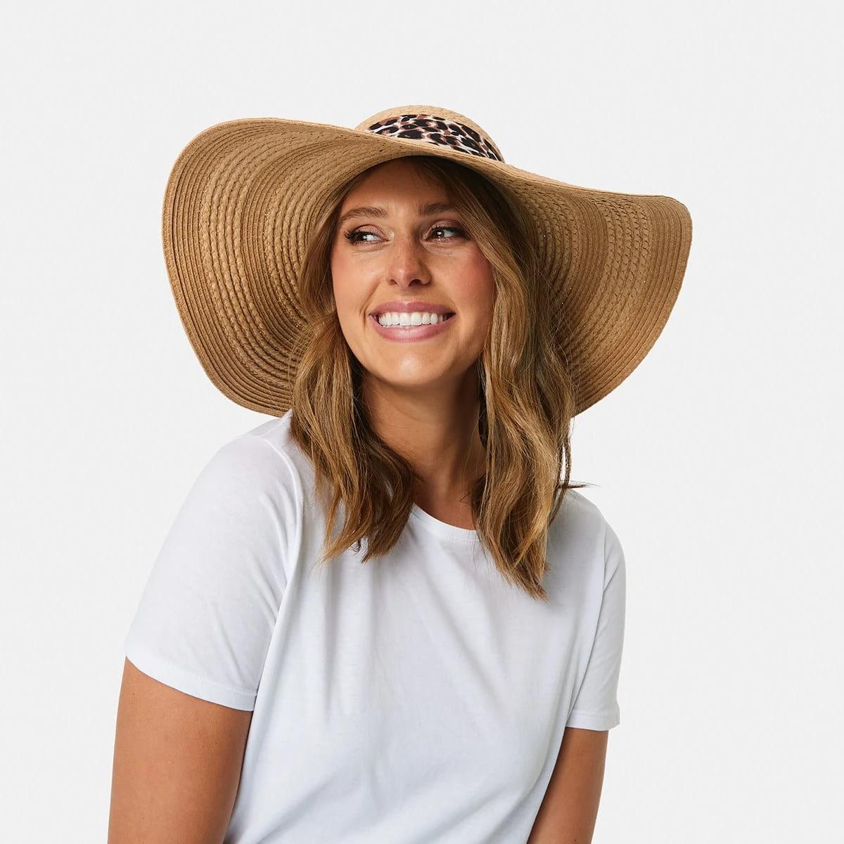 3 Leopard Print Trim Wide Brim Hat Natural, 3 of 4