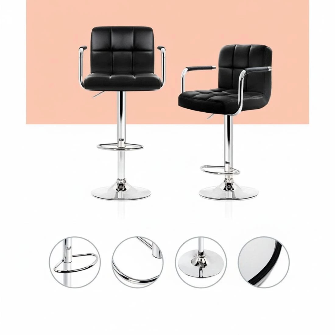 4 Artiss 2x Bar Stools Leather Gas Lift w/Armrest - Black, 4 of 5