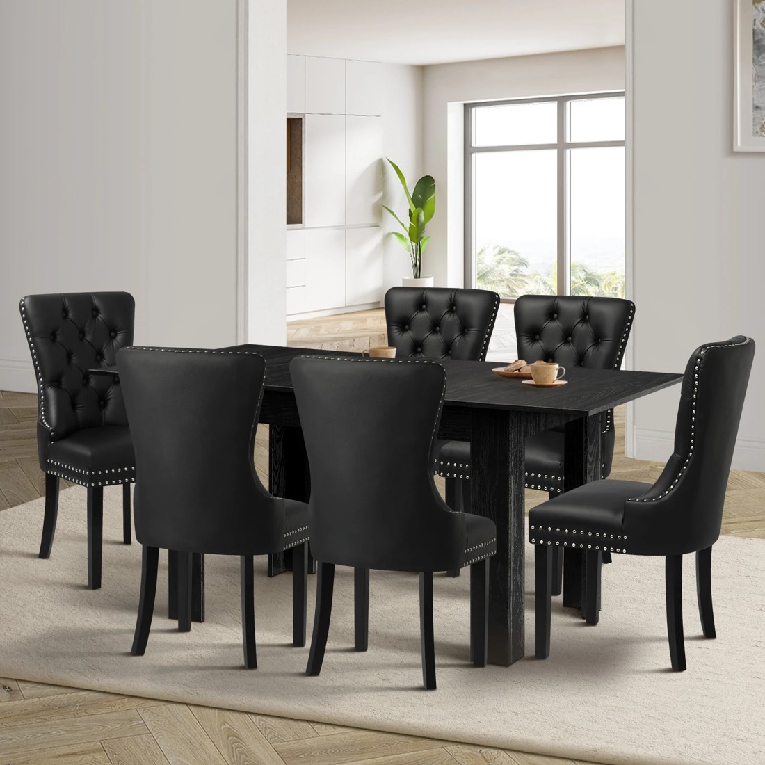 2 Oikiture 160cm Extendable Dining Table With 6pcs Pu Leather Dining Chairs
 - Black, 2 of 10