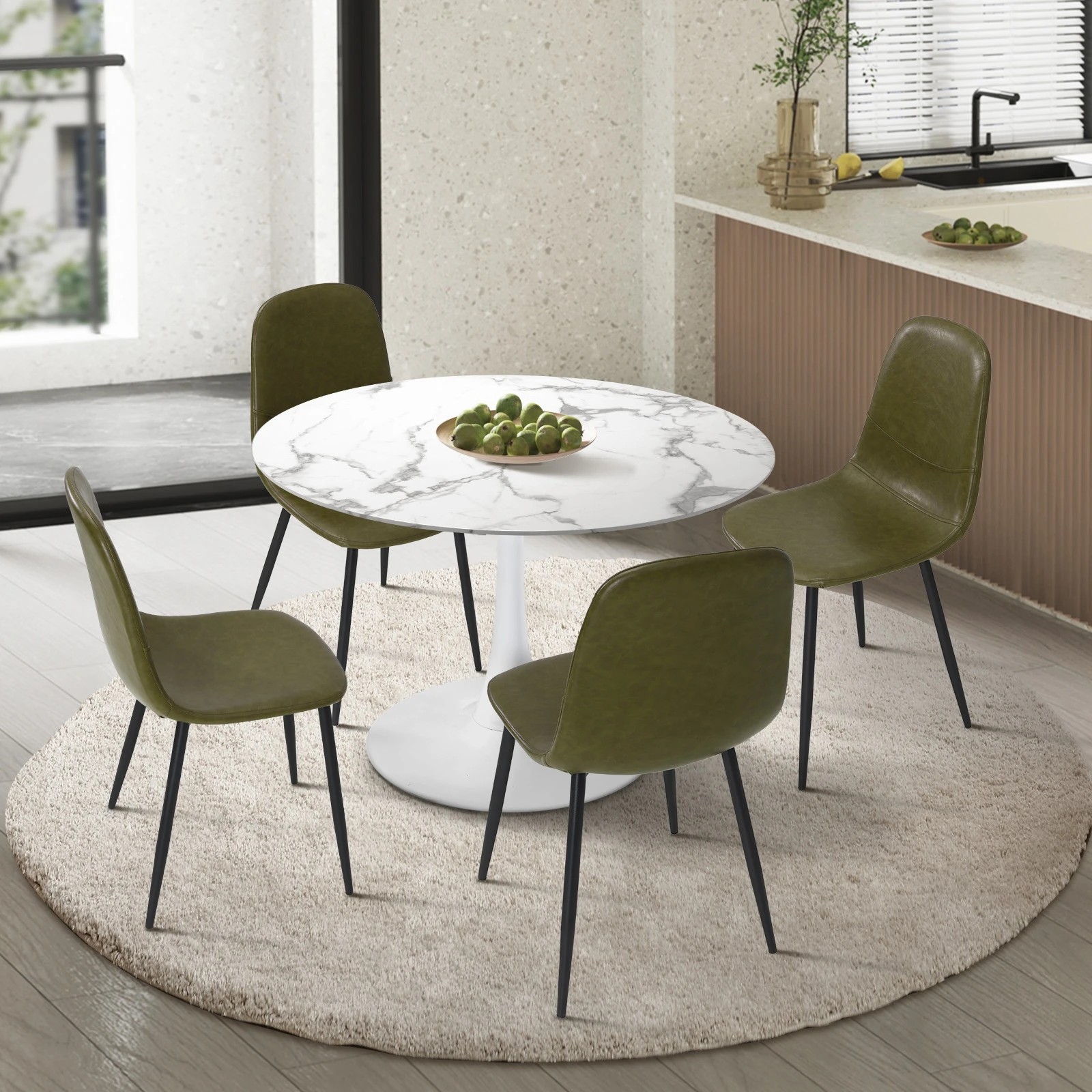 3 Oikiture 90cm Round Dining Table with 4x Dining Chairs PU Leather Green - Green, 3 of 9