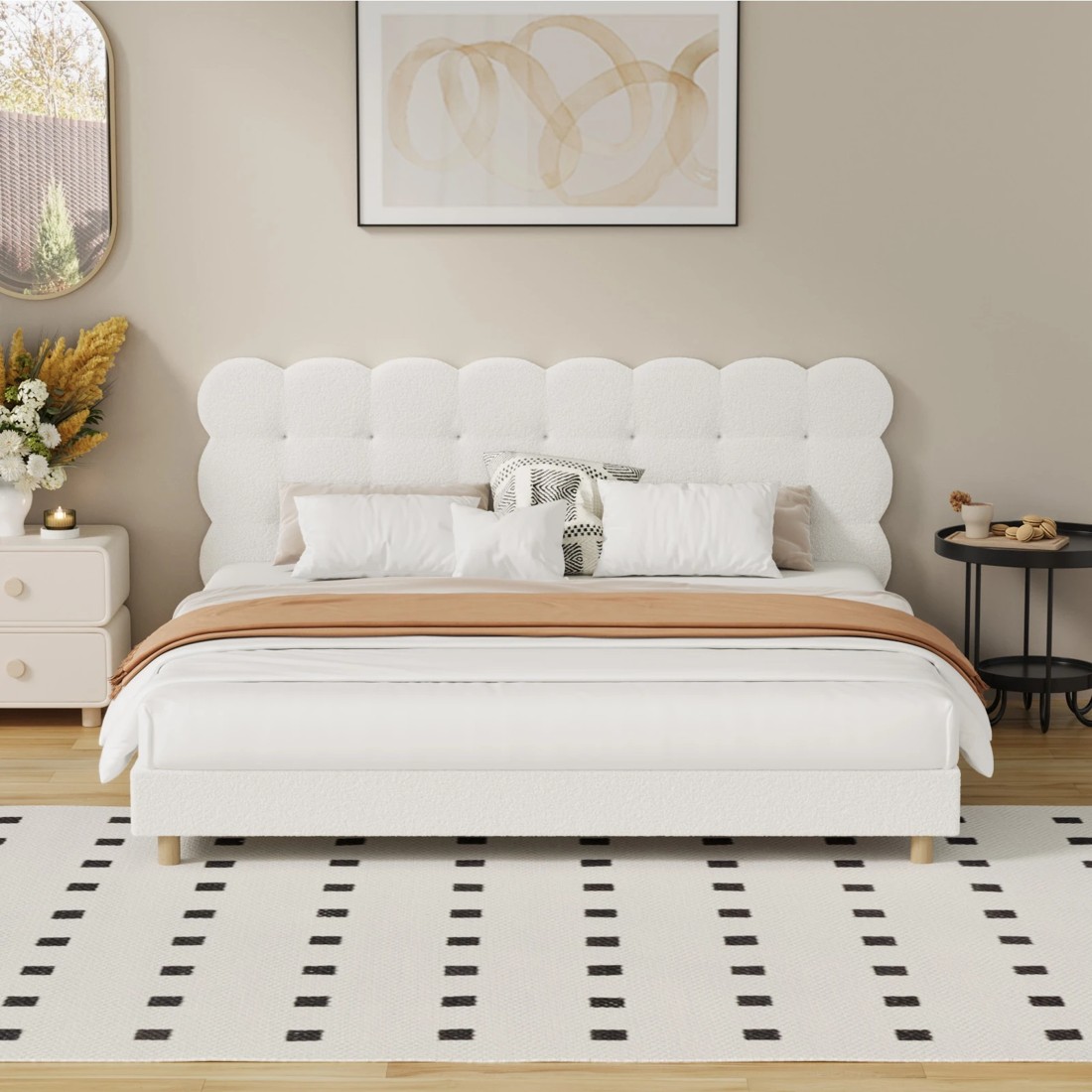 3 Oikiture King Bed Tufted Bedhead Boucle Bed Frame
 - White, 3 of 10