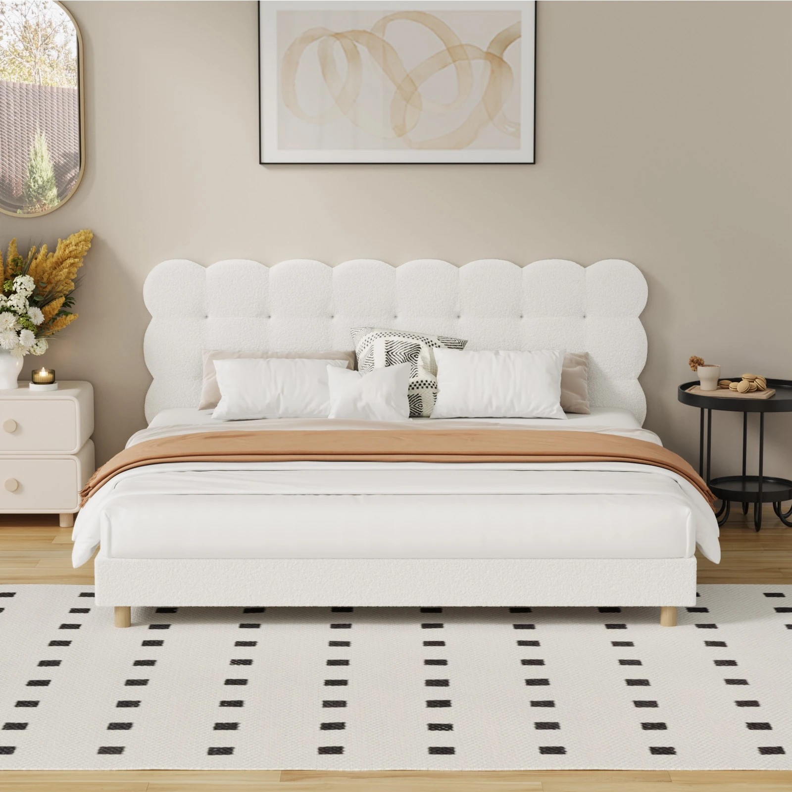 3 Oikiture King Bed Tufted Bedhead Boucle Bed Frame
 - White, 3 of 10