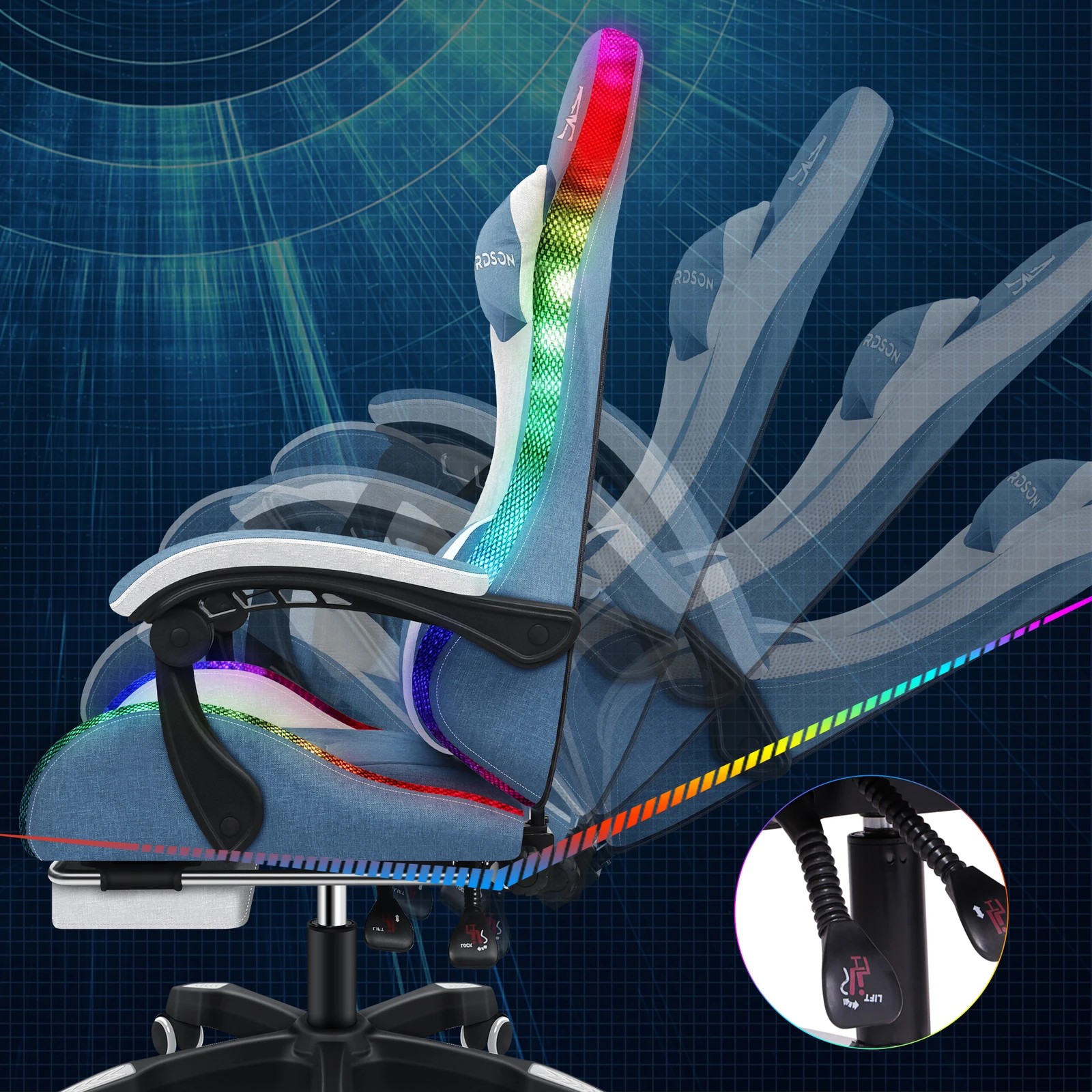 5 Alfordson Gaming Chair Office Massage 12 RGB LED Computer Seat Fabric - White Blue, 5 of 10