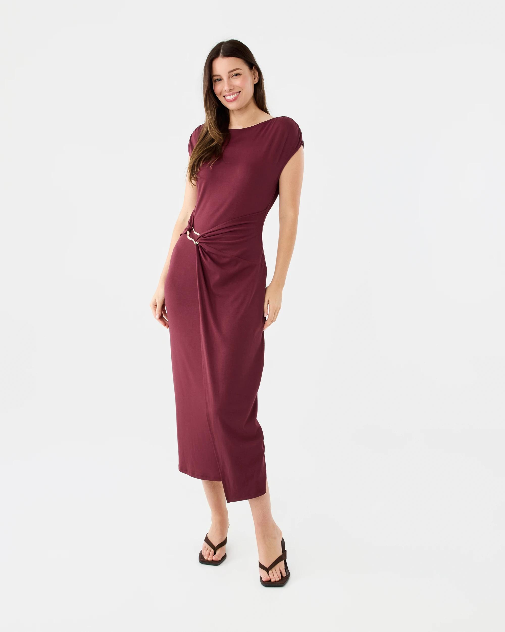 1 Short Sleeve Jersey Gold Detail Midi Dress Cran Juice, 1 of 6