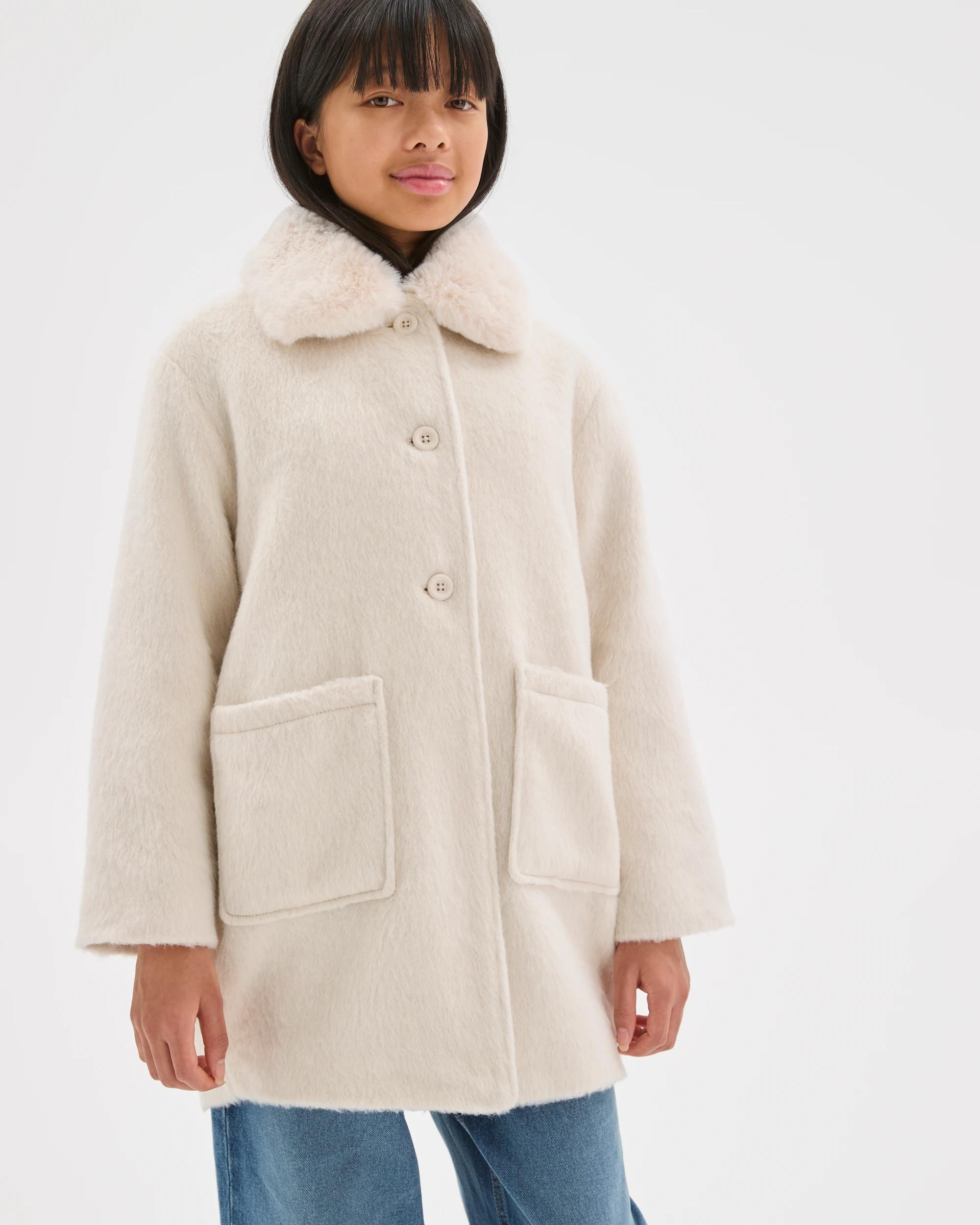 2 Target Kids Longline Faux Fur Collar Coat CREAM, 2 of 6