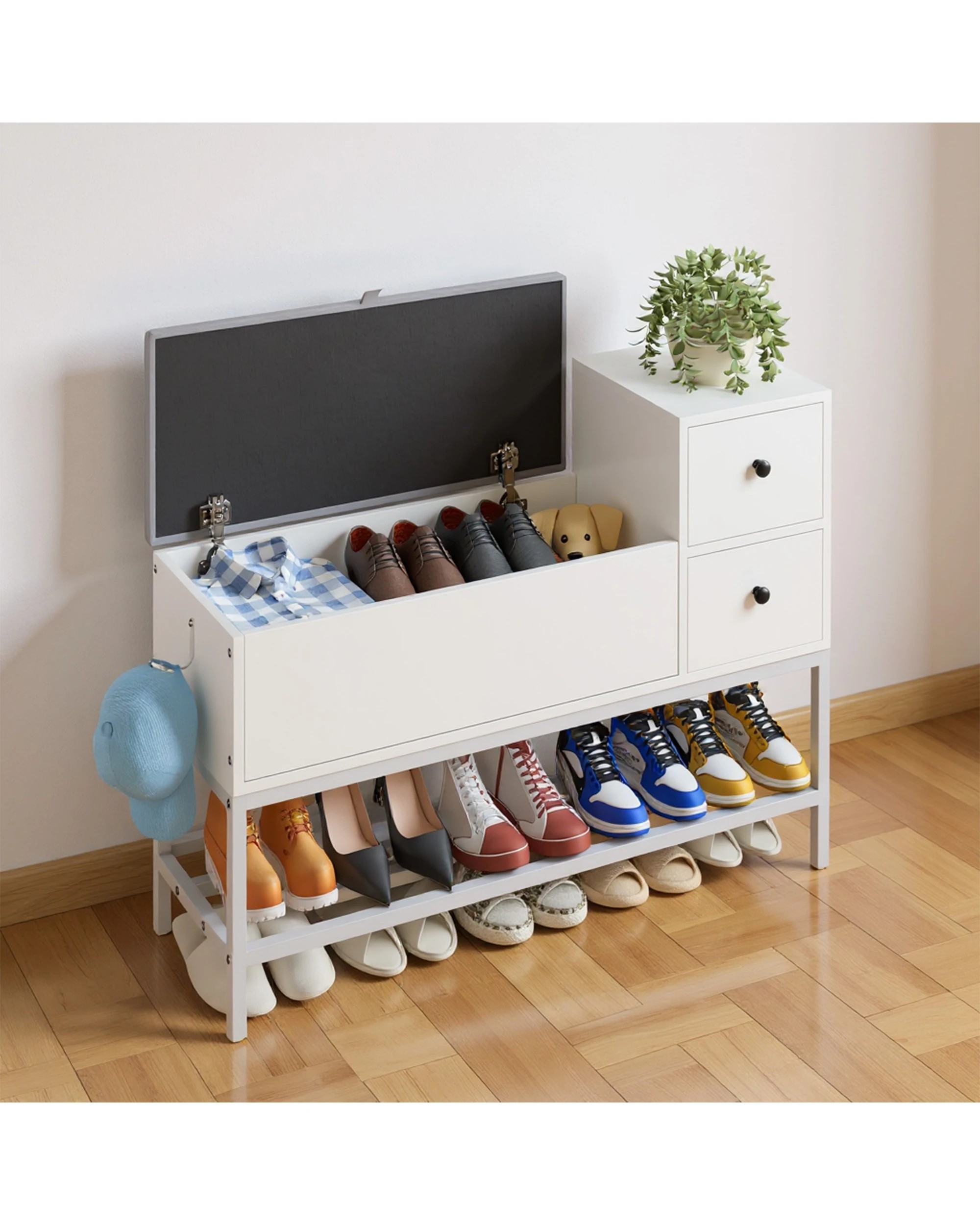 8 Advwin Shoe Rack Bench w/ Flip Top Cabinet & Drawers Shoe Organiser with Cushion & Side Hook, 8 of 9