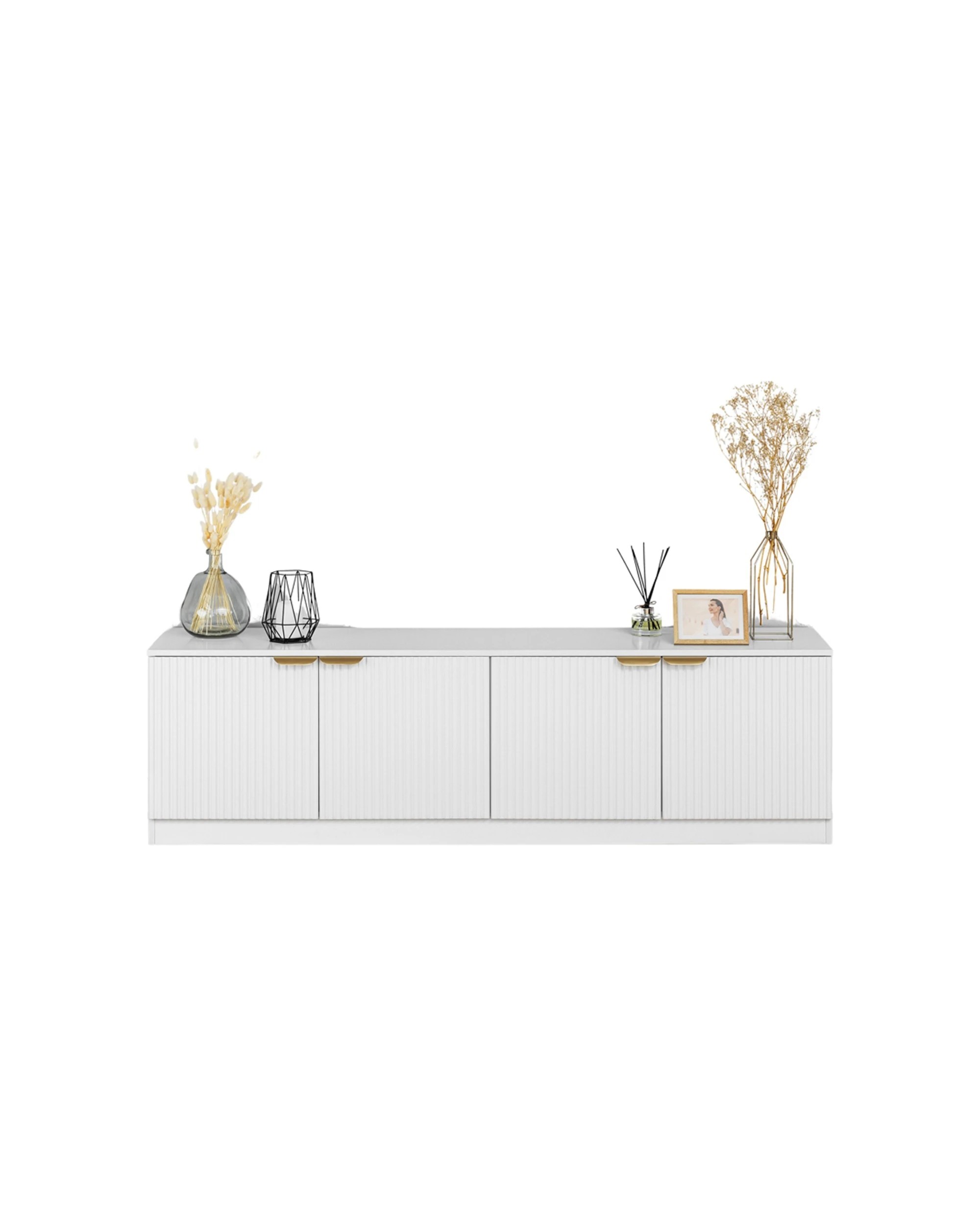 2 European Cabinetry Bucharest Fluted Panel TV Unit Brass Pull Handle - White, 2 of 4