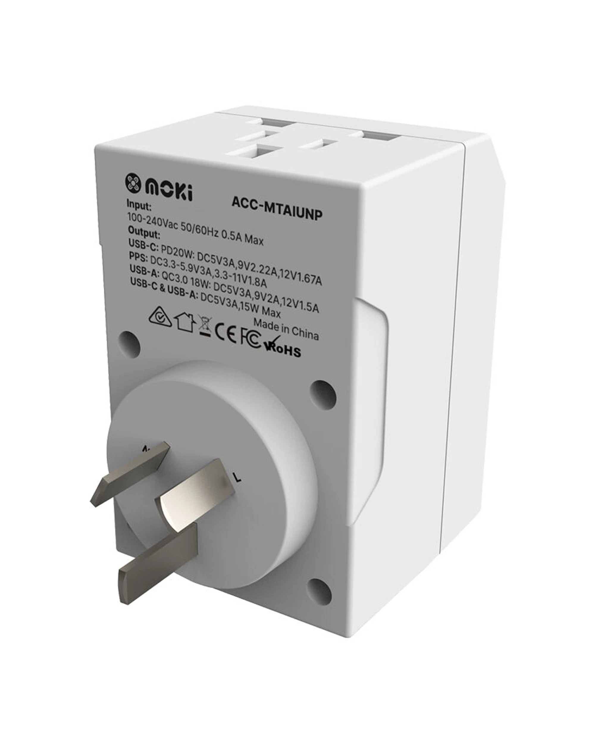 3 Moki Travel Adaptor Plus Inbound Universal to AU/NZ with Type-C & USB-A - White, 3 of 3