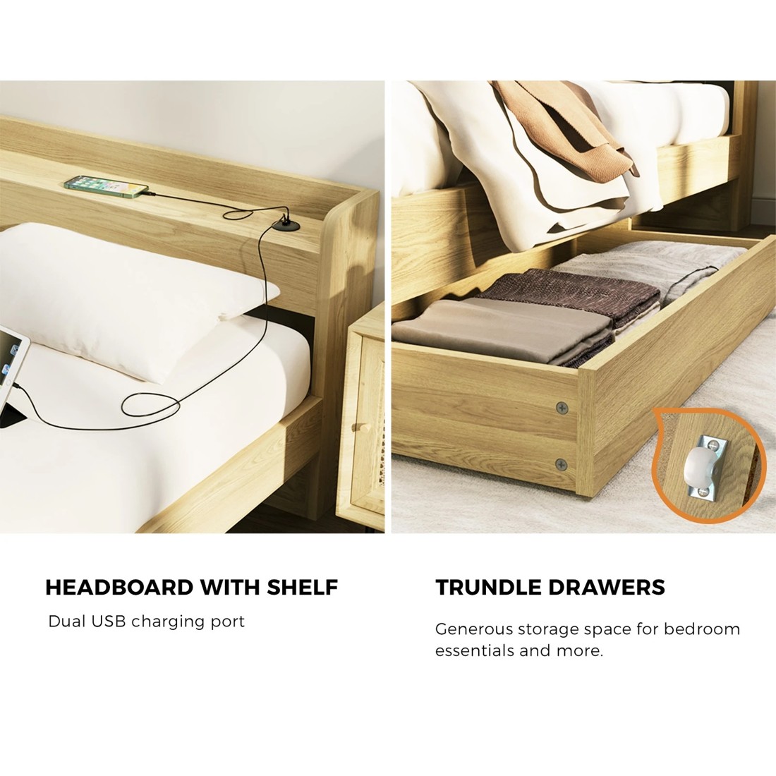 4 Oikiture Double Bed With Charging Ports & 2 Drawers Timber Bed Frame
 - Natural, 4 of 10