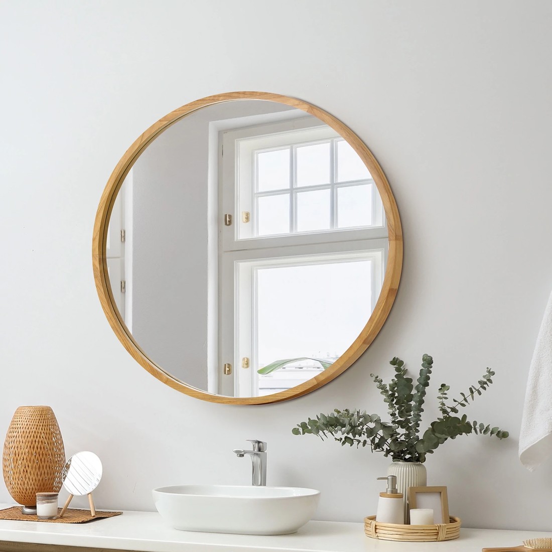 2 Oikiture 60cm Wall Mirrors Round Makeup Mirror Home Decor Wooden Dining Room
 - Natural, 2 of 9
