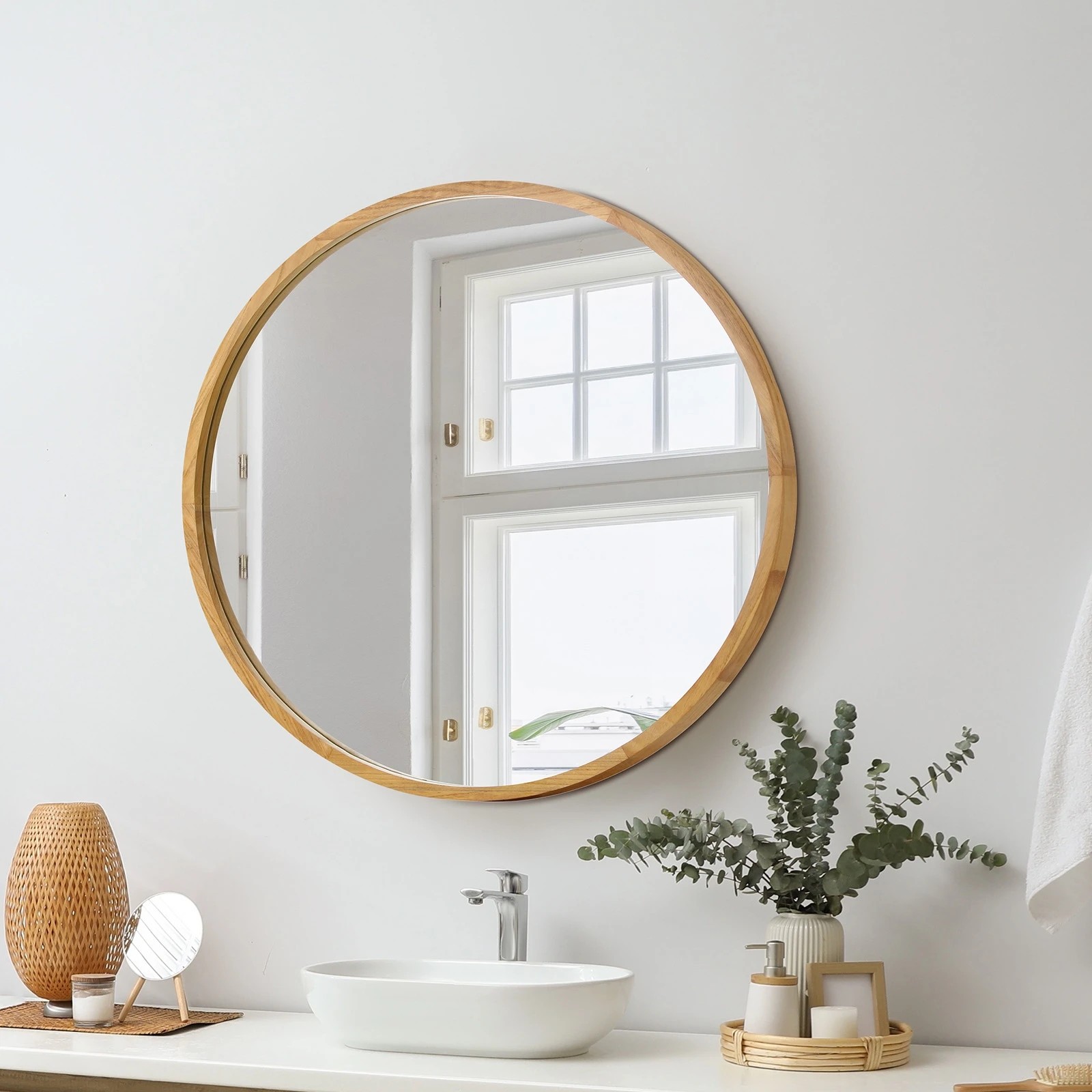 2 Oikiture 60cm Wall Mirrors Round Makeup Mirror Home Decor Wooden Dining Room
 - Natural, 2 of 9