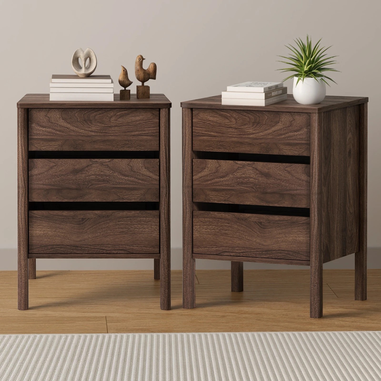 3 Oikiture 2x Bedside Table 3 Drawers Side Table Nightstand Handle-free - Brown, 3 of 9
