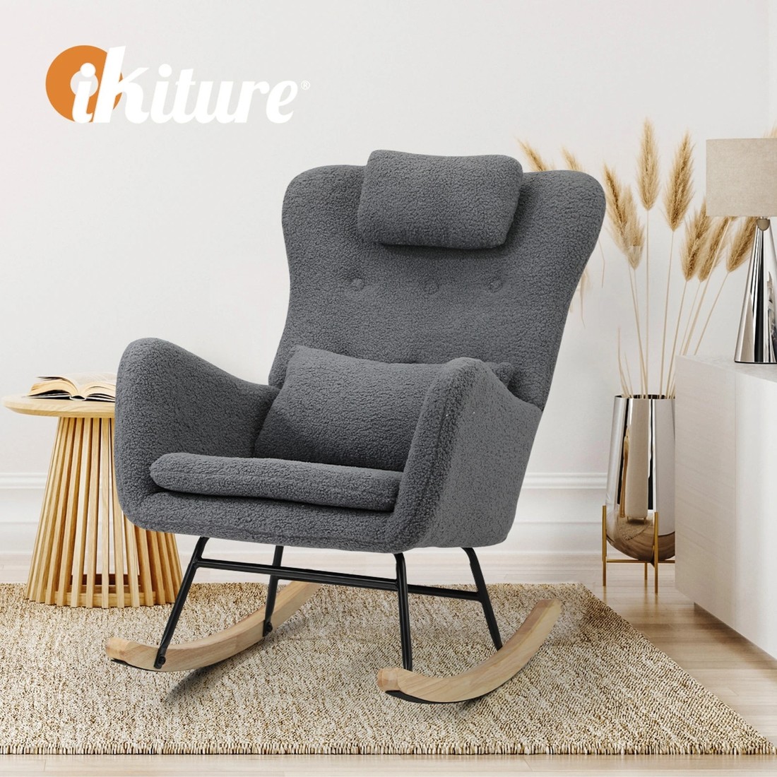 6 Oikiture Rocking Chair Nursing Armchair Sherpa Accent Chairs With 2 Pillow
 - Grey, 6 of 10