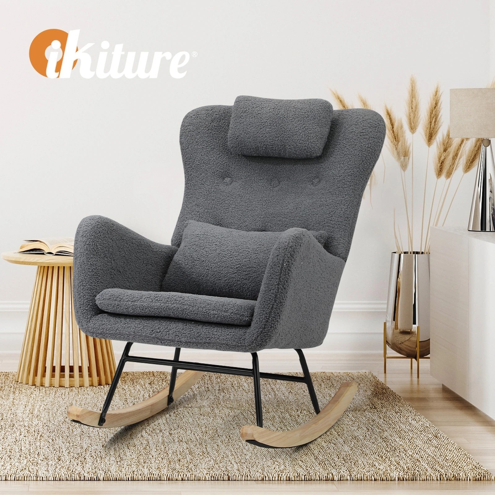 6 Oikiture Rocking Chair Nursing Armchair Sherpa Accent Chairs With 2 Pillow
 - Grey, 6 of 10