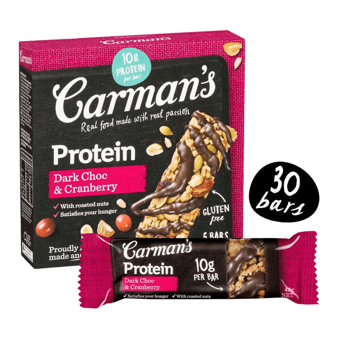 1 Carman's Protein Bar Dark Chocolate and Cranberry 30 Pack, 1 of 3