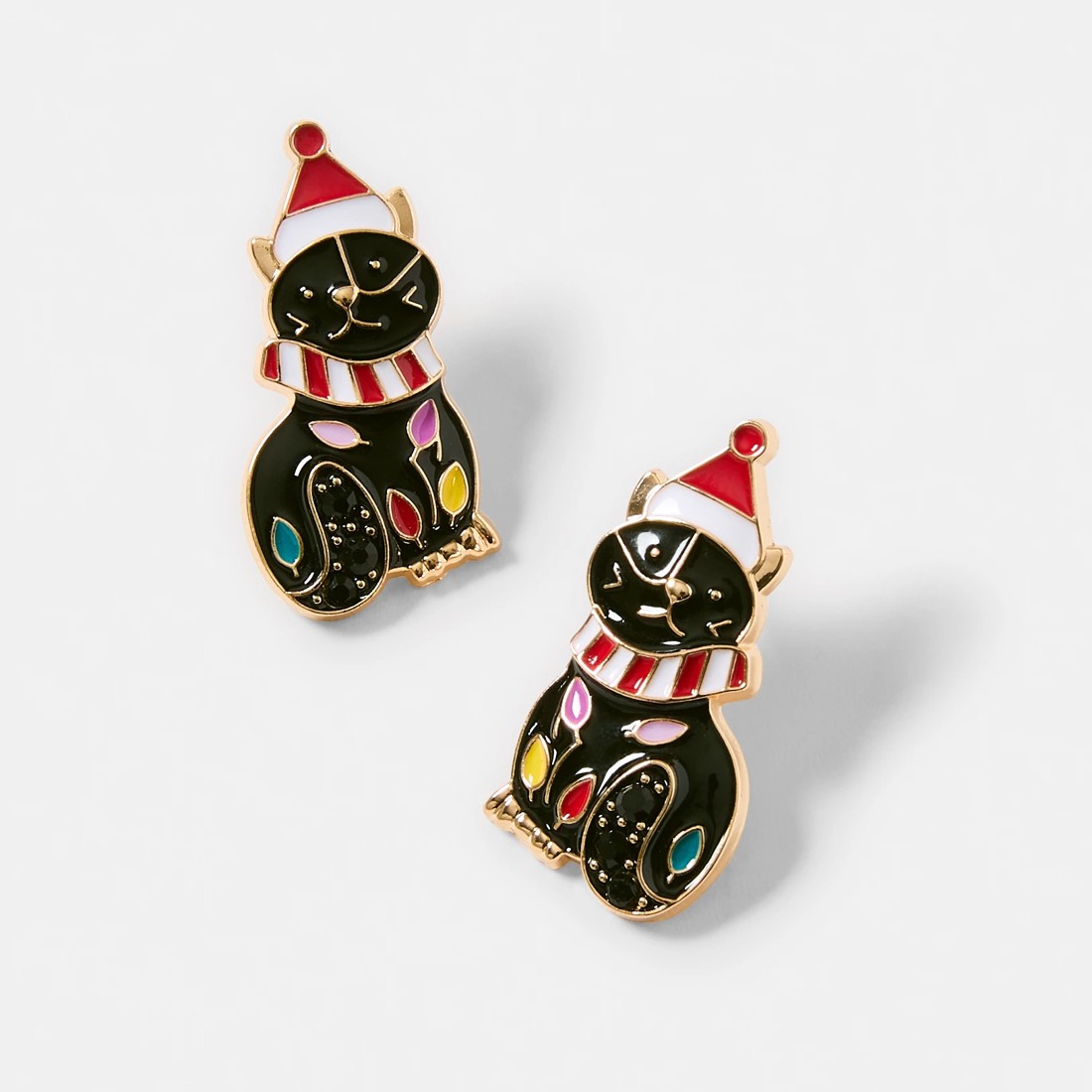 3 Christmas Cat Earrings - Gold Tone and Black, 3 of 5