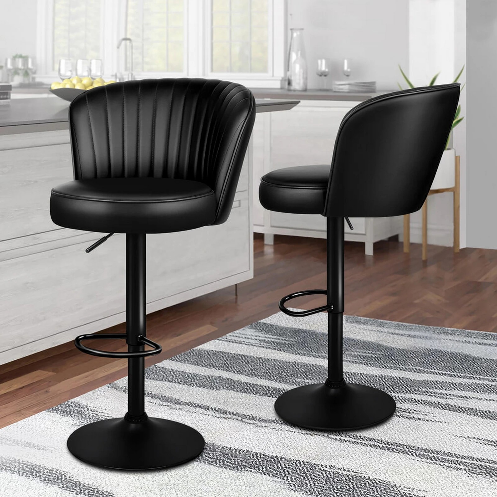 10 Alfordson 2x Bar Stools Gas Lift Leather Bar Chairs Kitchen Swivel - Black, 10 of 10