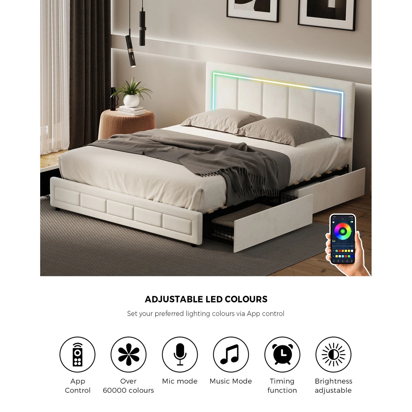 4 Oikiture LED Queen Bed Frame With 4 Storage Drawers & Charging Station - Beige, 4 of 9