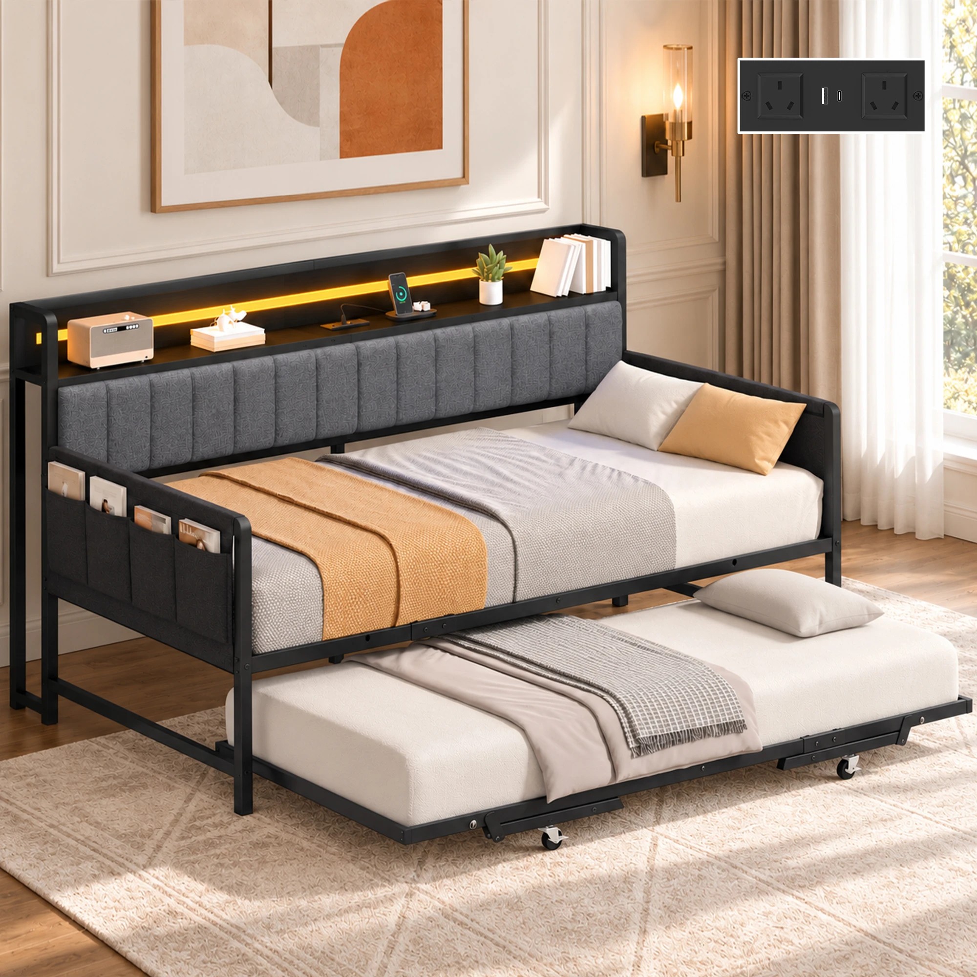 7 Advwin Single Size Metal Bed Frame Daybed w/ Trundle & Power Outlets - Black, 7 of 9