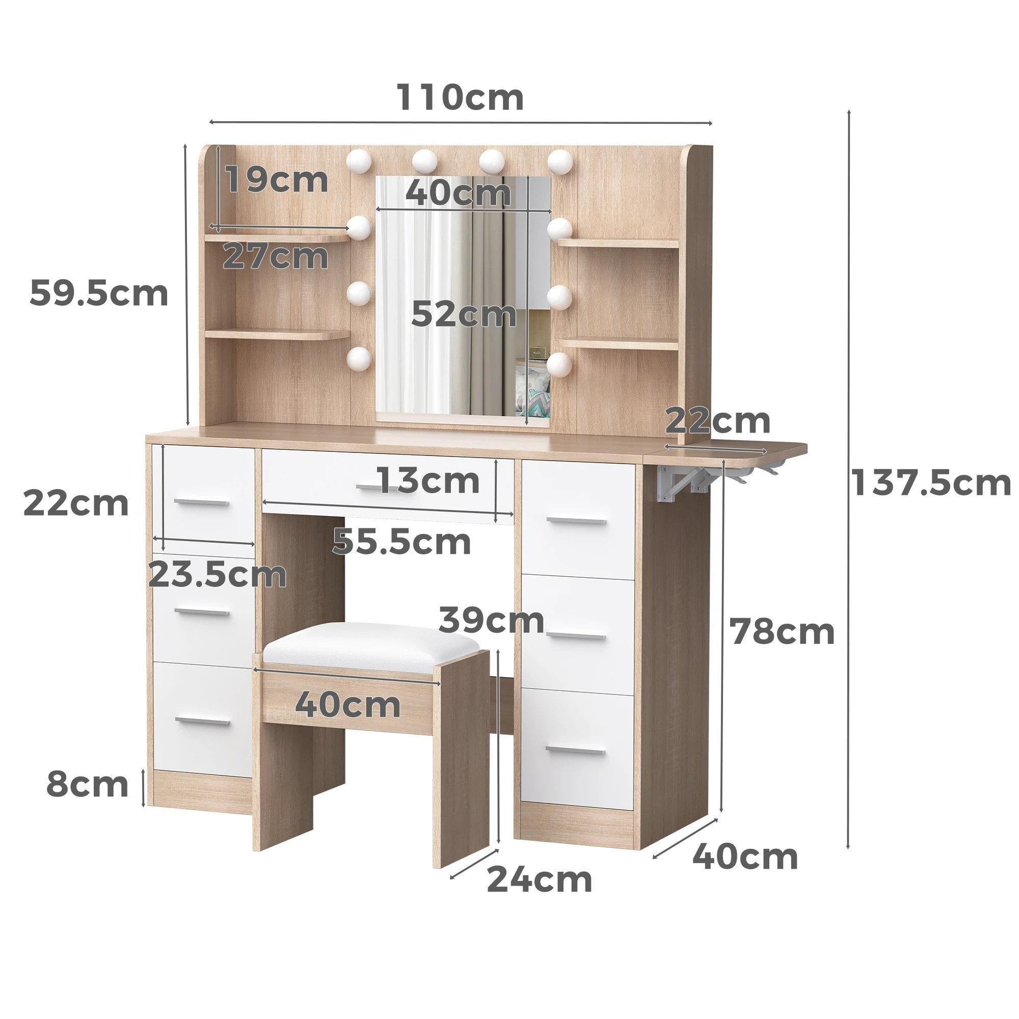 9 Alfordson Dressing Table Stool Set Makeup Mirror Vanity Desk LED Bulbs - Oak, 9 of 10
