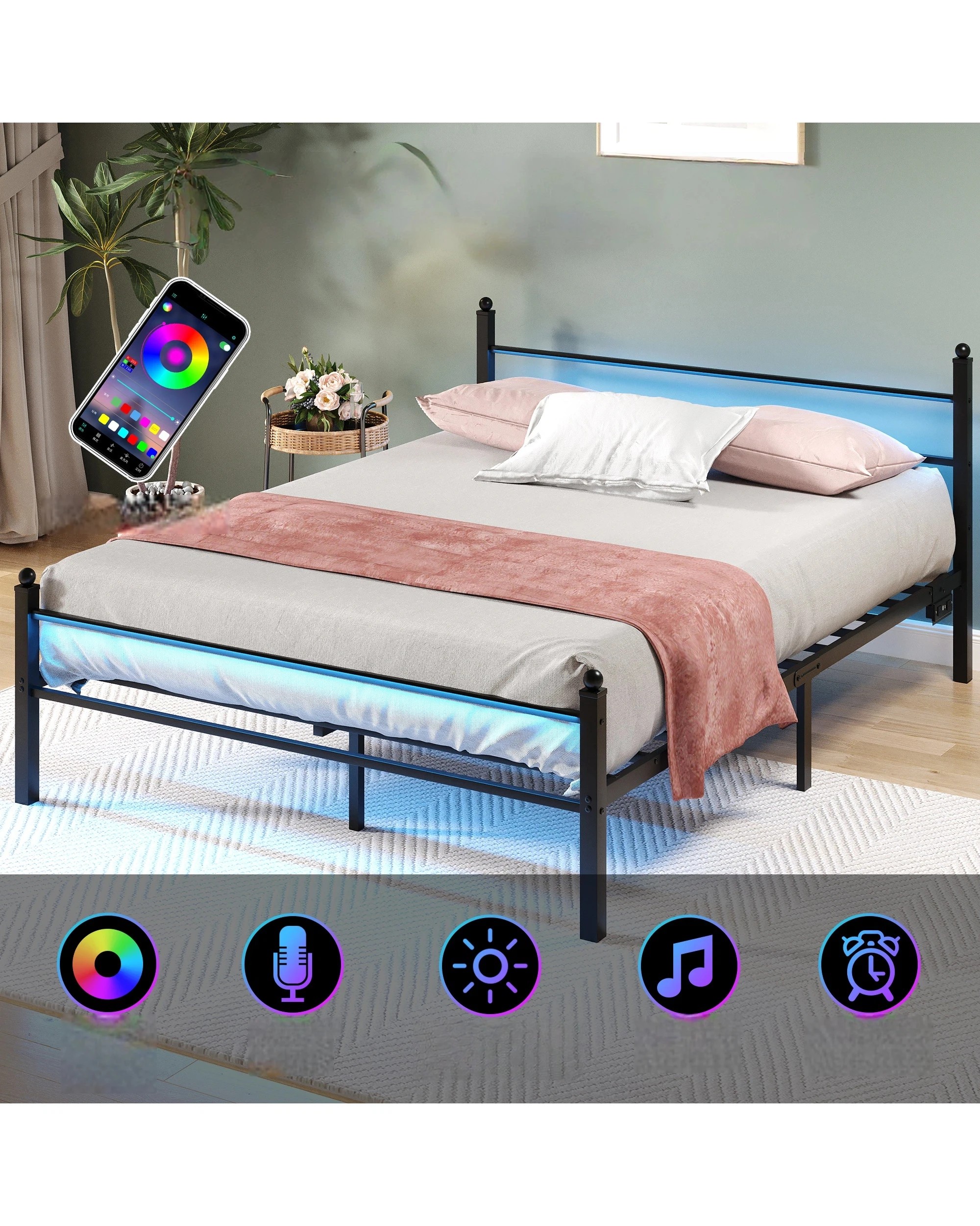 4 Advwin Queen Size LED Bed Frame with Charging Station Metal Platform, 4 of 6