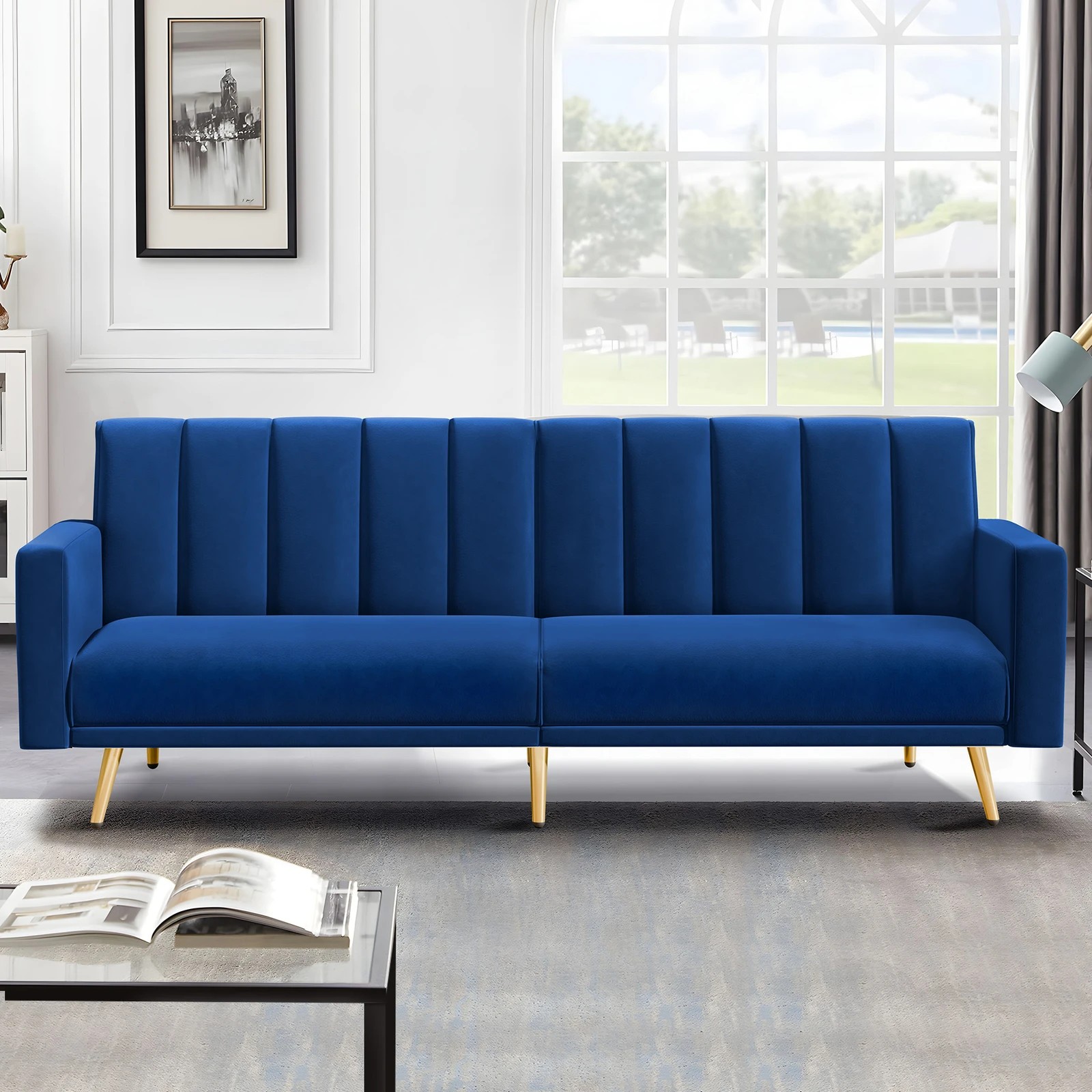 9 Alfordson Sofa Bed Couch 3 Seater Lounge Velvet - Blue, 9 of 9