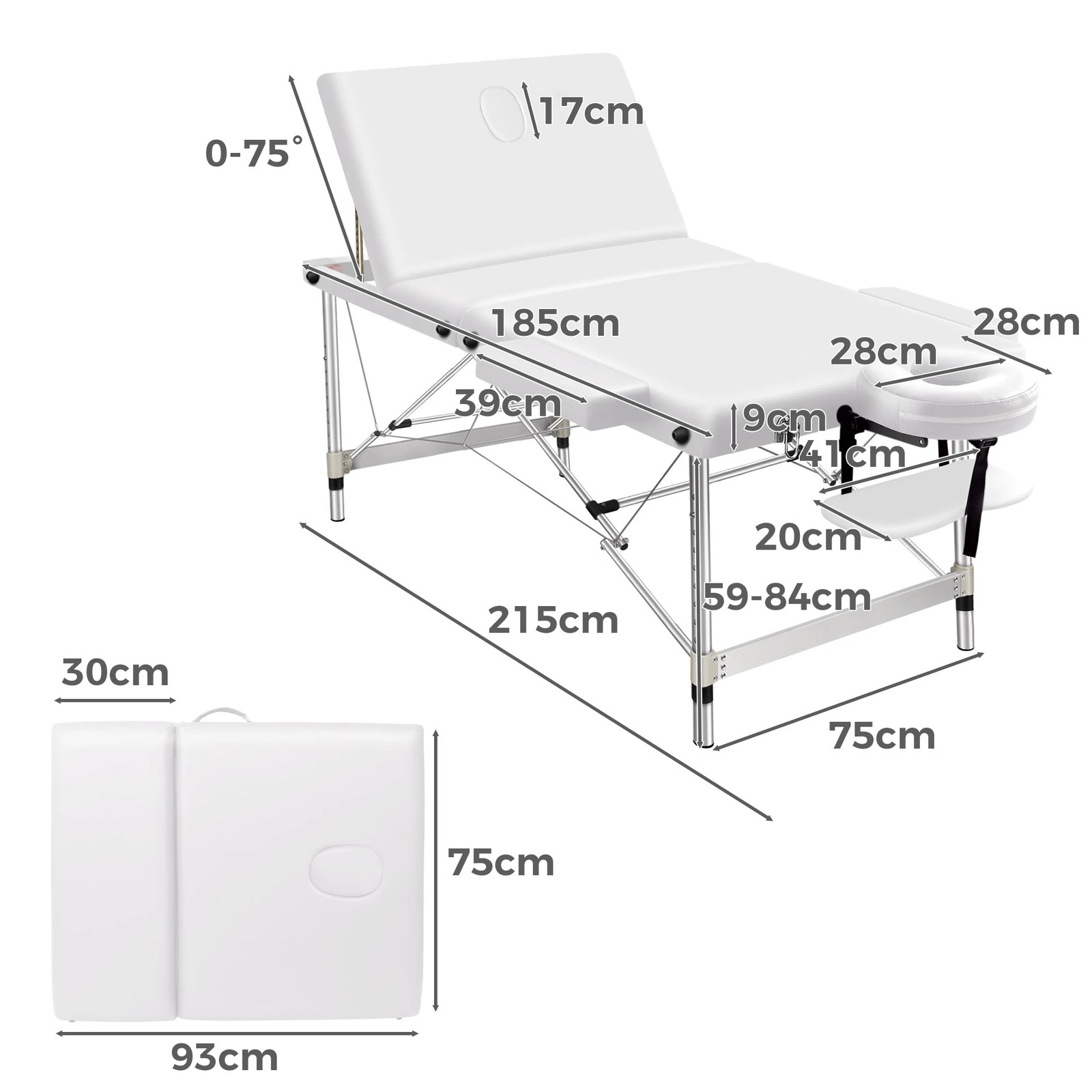 4 Alfordson Massage Table 3 Fold 75cm Foldable Portable Aluminium Lift Up Bed Desk - White, 4 of 4