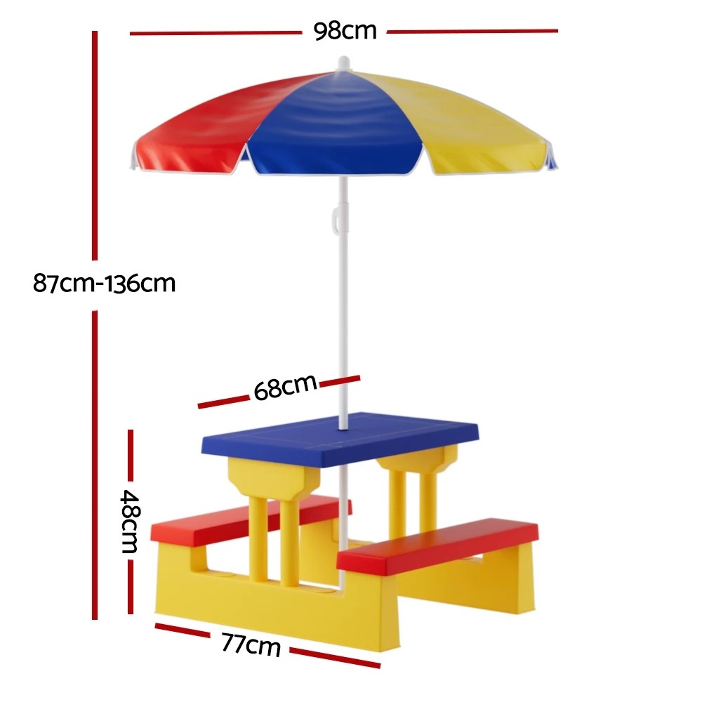 2 Keezi Kids Outdoor Table and Chairs Set Picnic Bench Umbrella Children Indoor - Multi, 2 of 6