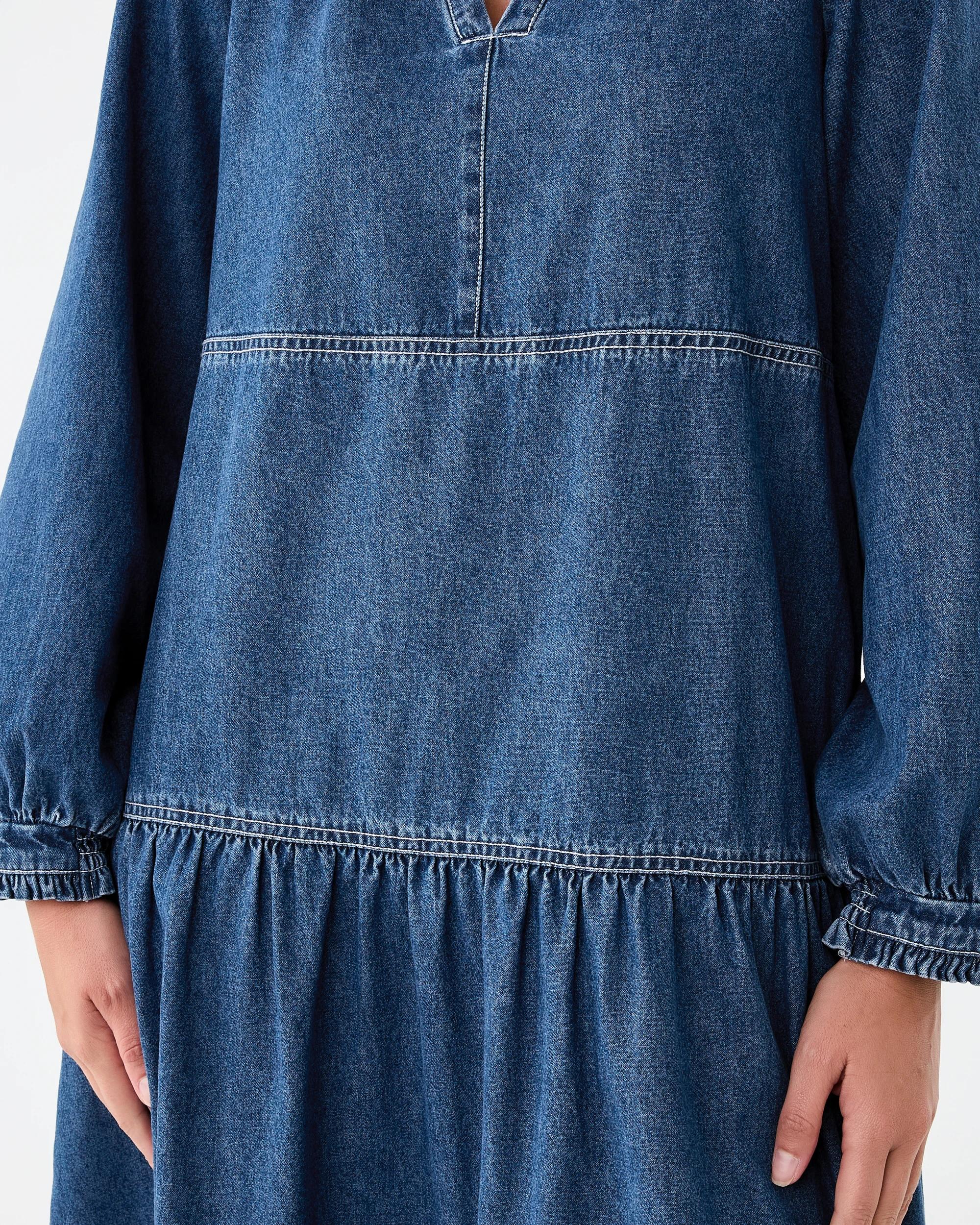 7 Long Sleeve Denim Notch Neck Maxi Dress Mid Wash, 7 of 7