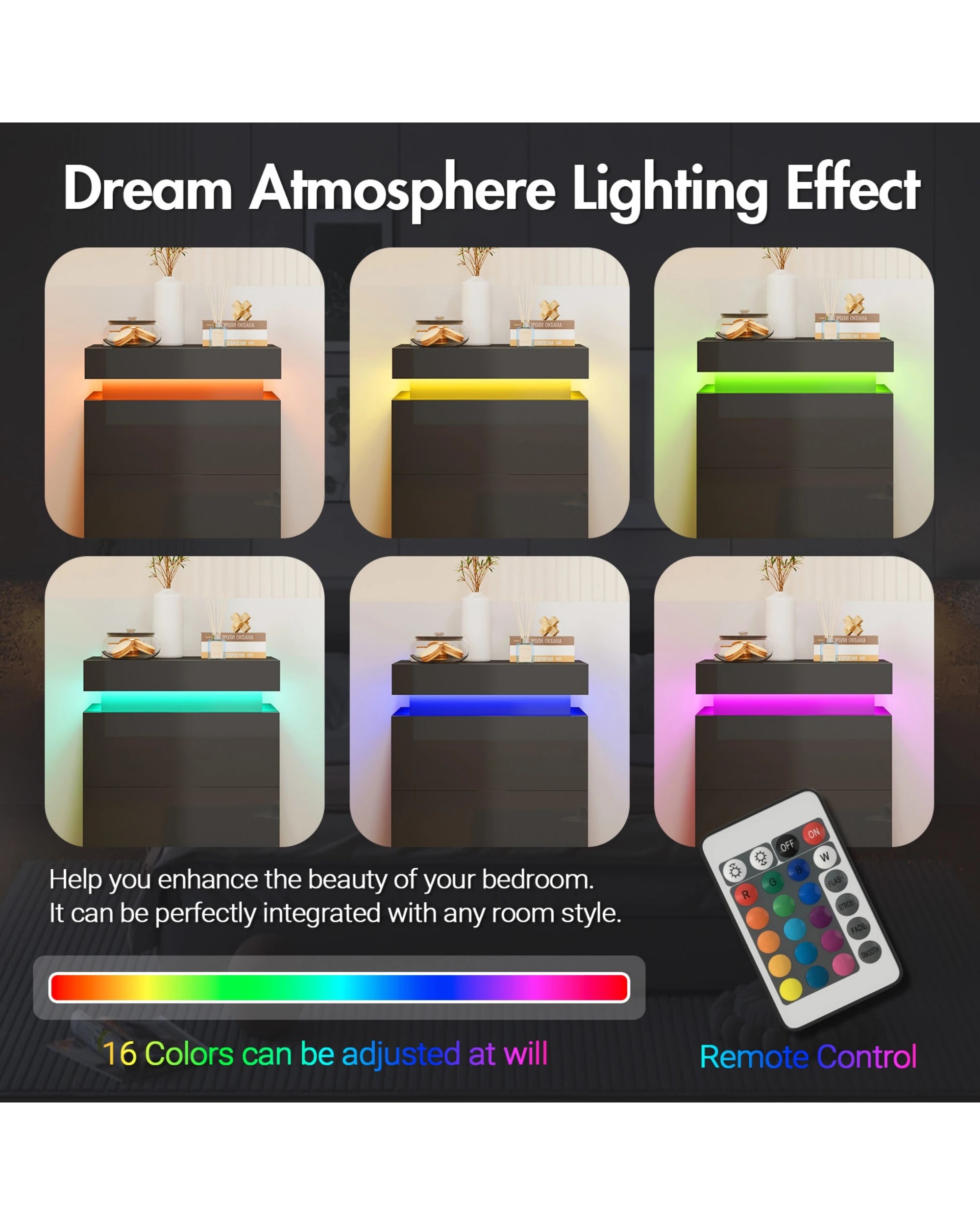 7 Advwin Set of 2 LED Bedside Table 2 Drawers Lift Up Nightstand, 7 of 8