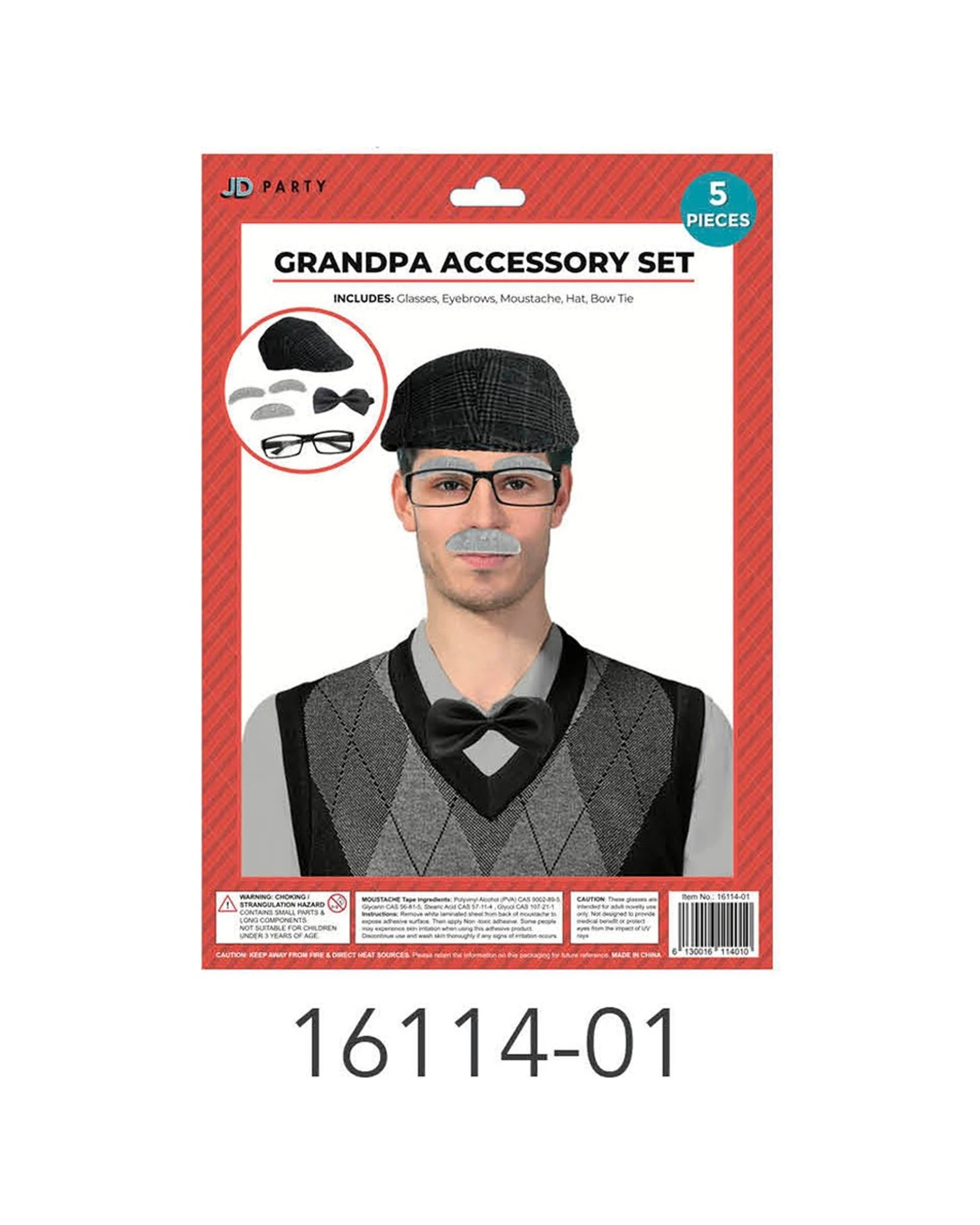 2 JD Party Grandpa Instant Kit Cap Bow Tie Eyebrows Moustache Glasses - Grey, 2 of 2