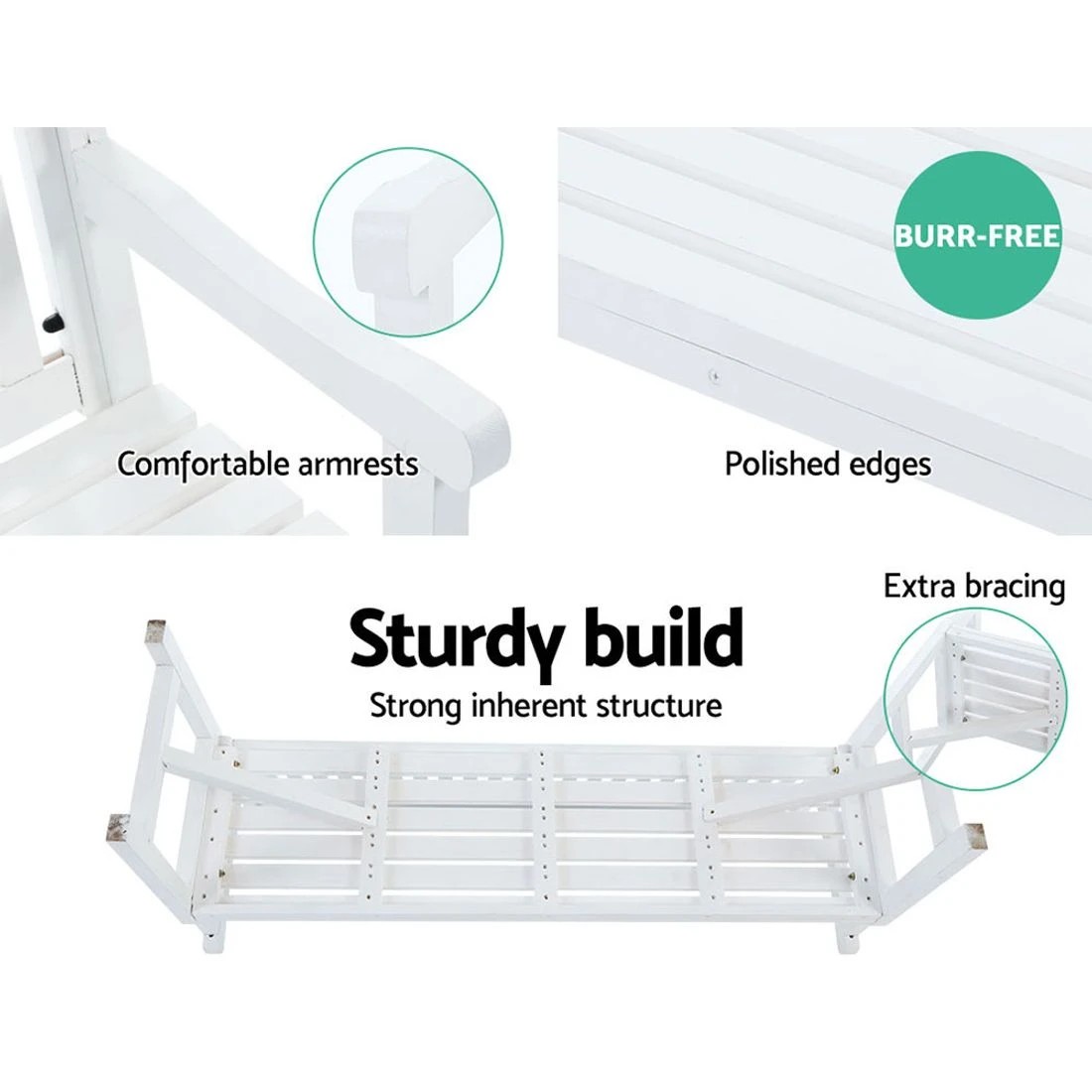 5 Gardeon 5ft Wooden Garden Bench Three Seat Chair Weather Resistant Fir Wood Sturdy Durable Classic Patio Seating - white, 5 of 7