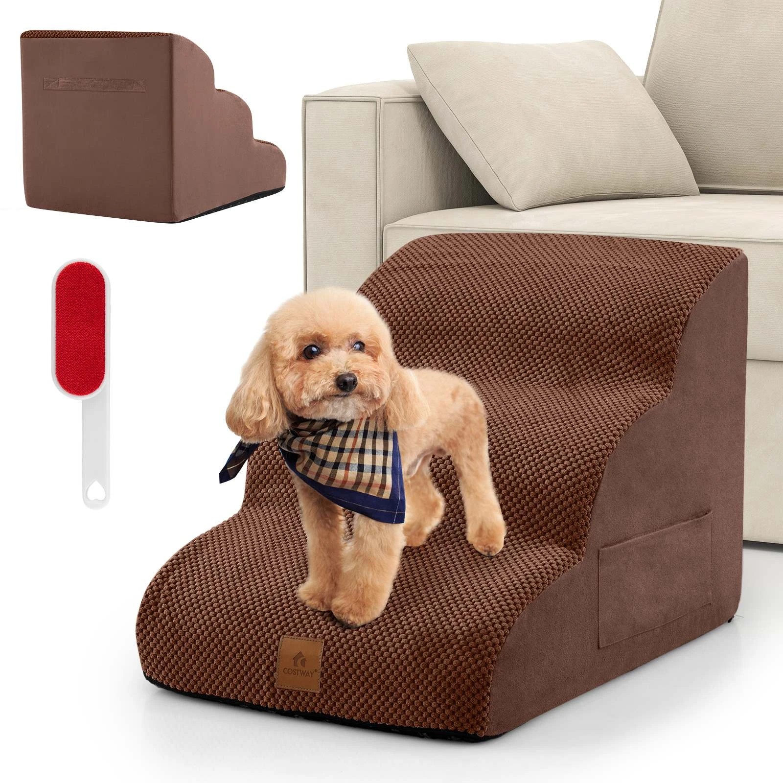 2 Costway 3-Tier Foam Dog Ramp Pet Stairs Steps w/Pet Hair Remover - Brown, 2 of 4