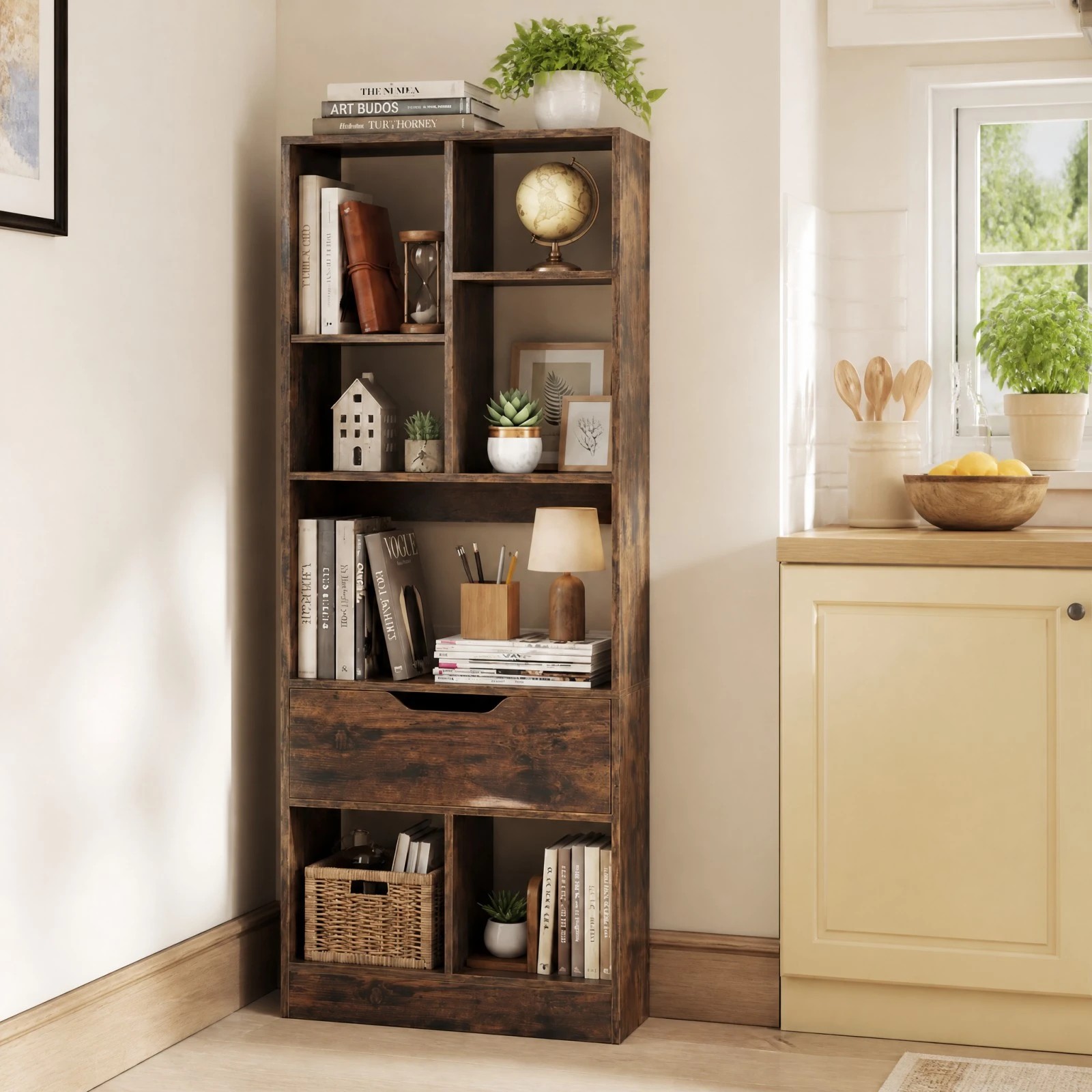 1 Costway 7 Cube Tall Bookshelf Bookcase w/Drawer Floor Display Rack Home Office - Brown, 1 of 5