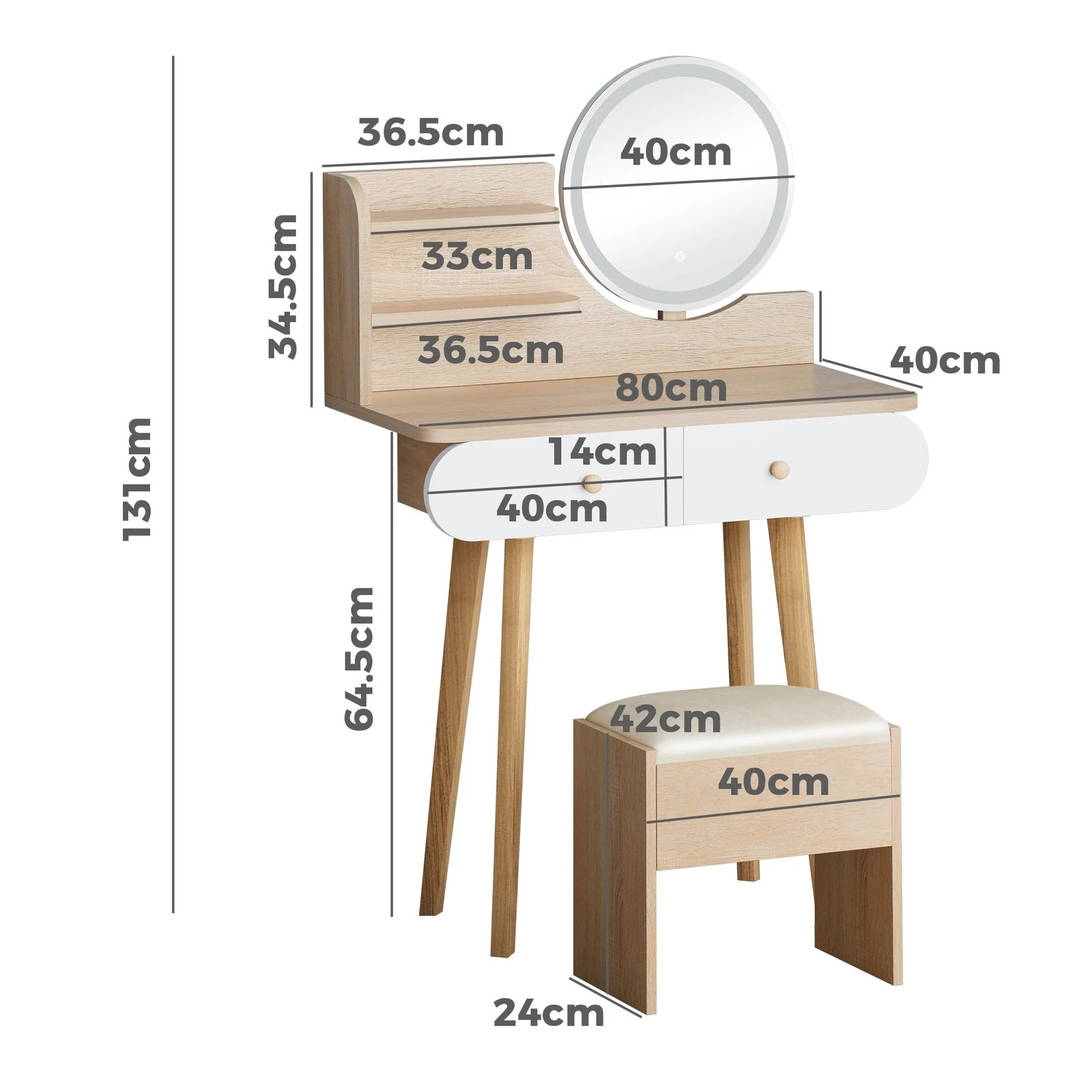 9 Alfordson Dressing Table Stool Set Makeup Mirror Desk LED Wood, 9 of 10