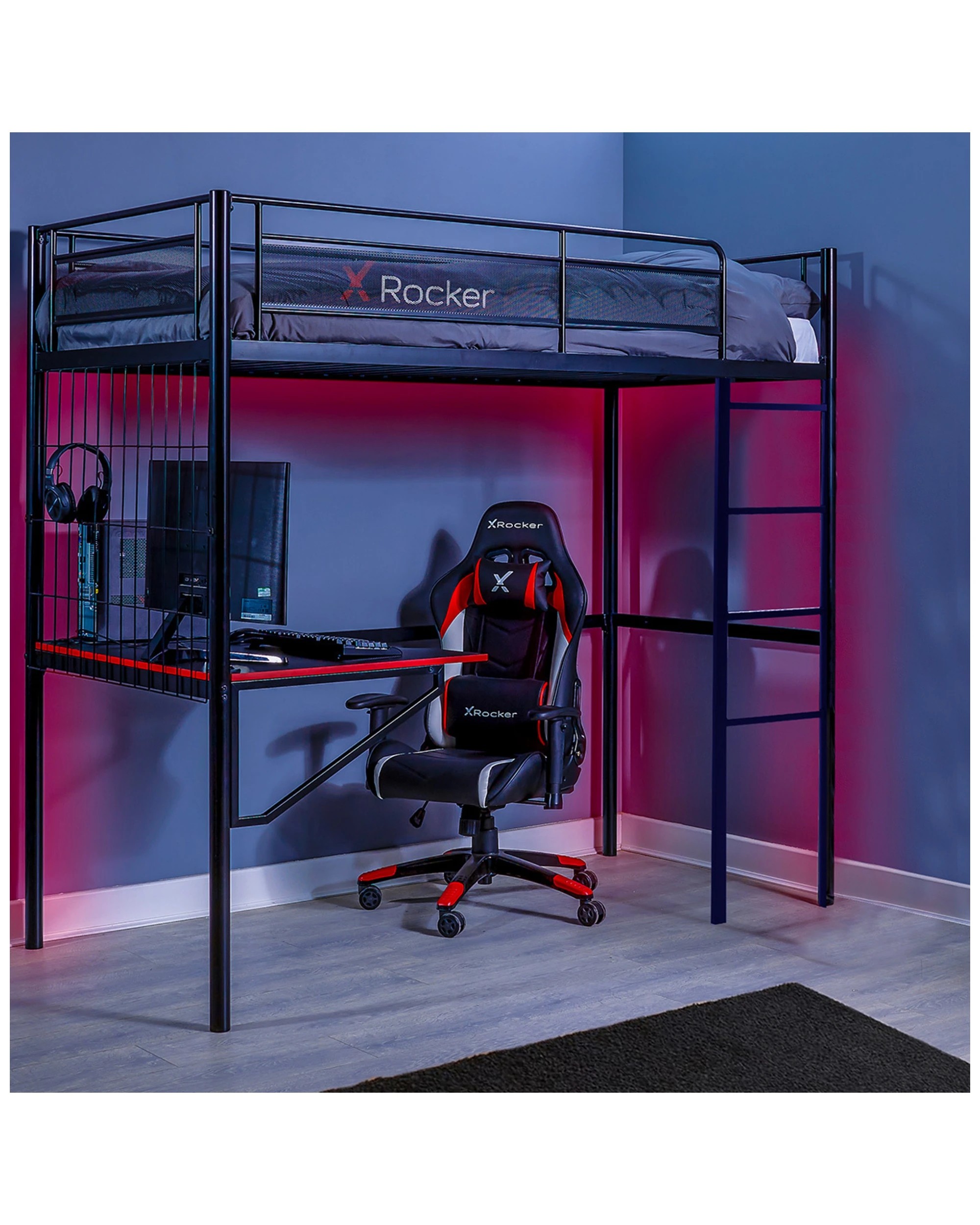 4 X Rocker Icarus Xl High Sleeper Pc Gaming Single Bunk Bed Frame W/ Built In Desk
 - Black, 4 of 6