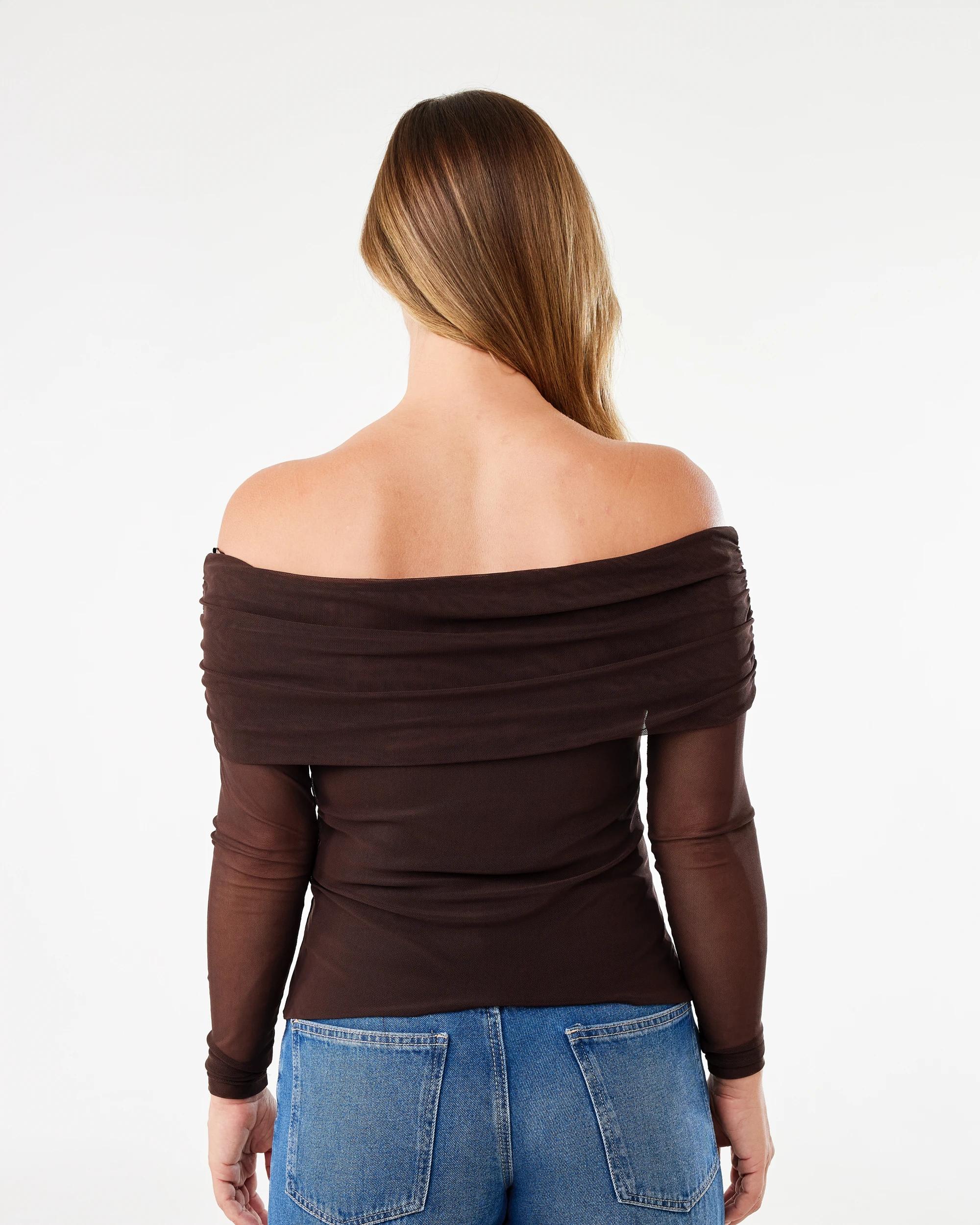 3 Long Sleeve Mesh Off Shoulder Top Melt Brown, 3 of 7