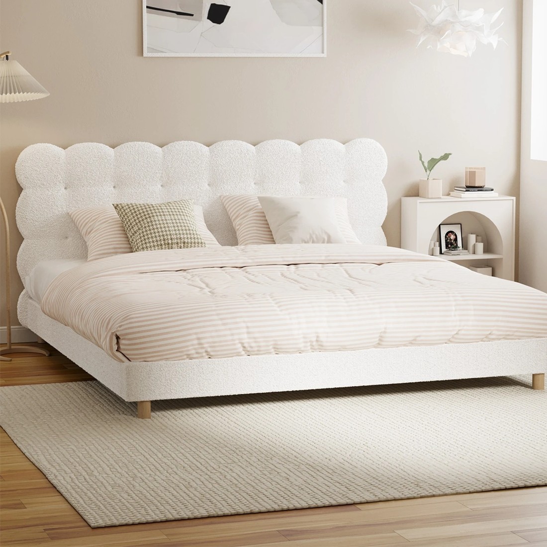 2 Oikiture King Bed Tufted Bedhead Boucle Bed Frame
 - White, 2 of 10
