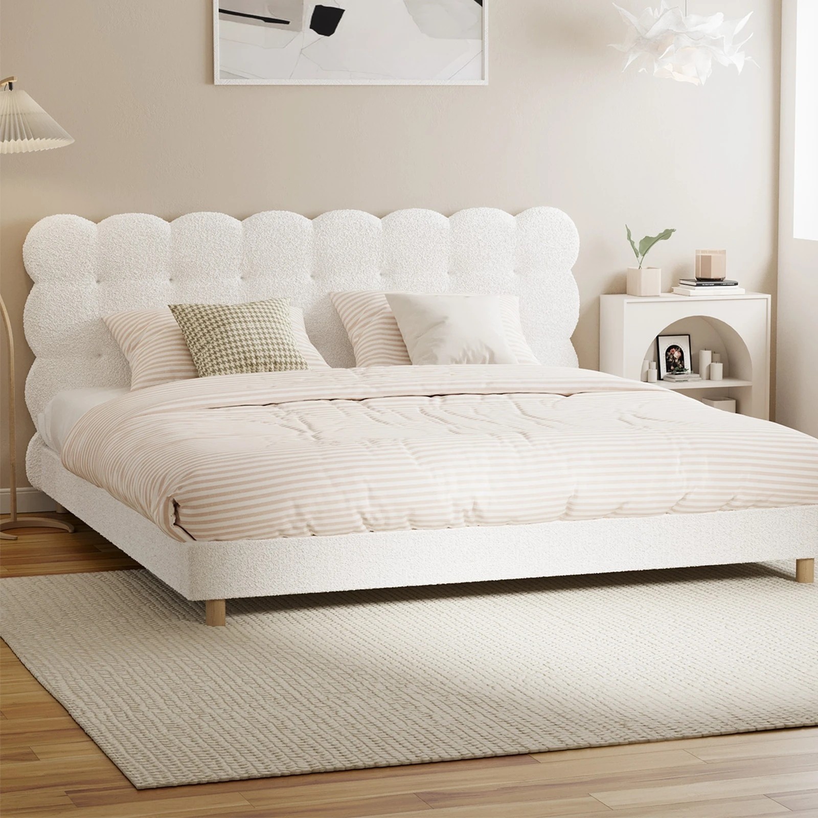 2 Oikiture King Bed Tufted Bedhead Boucle Bed Frame
 - White, 2 of 10