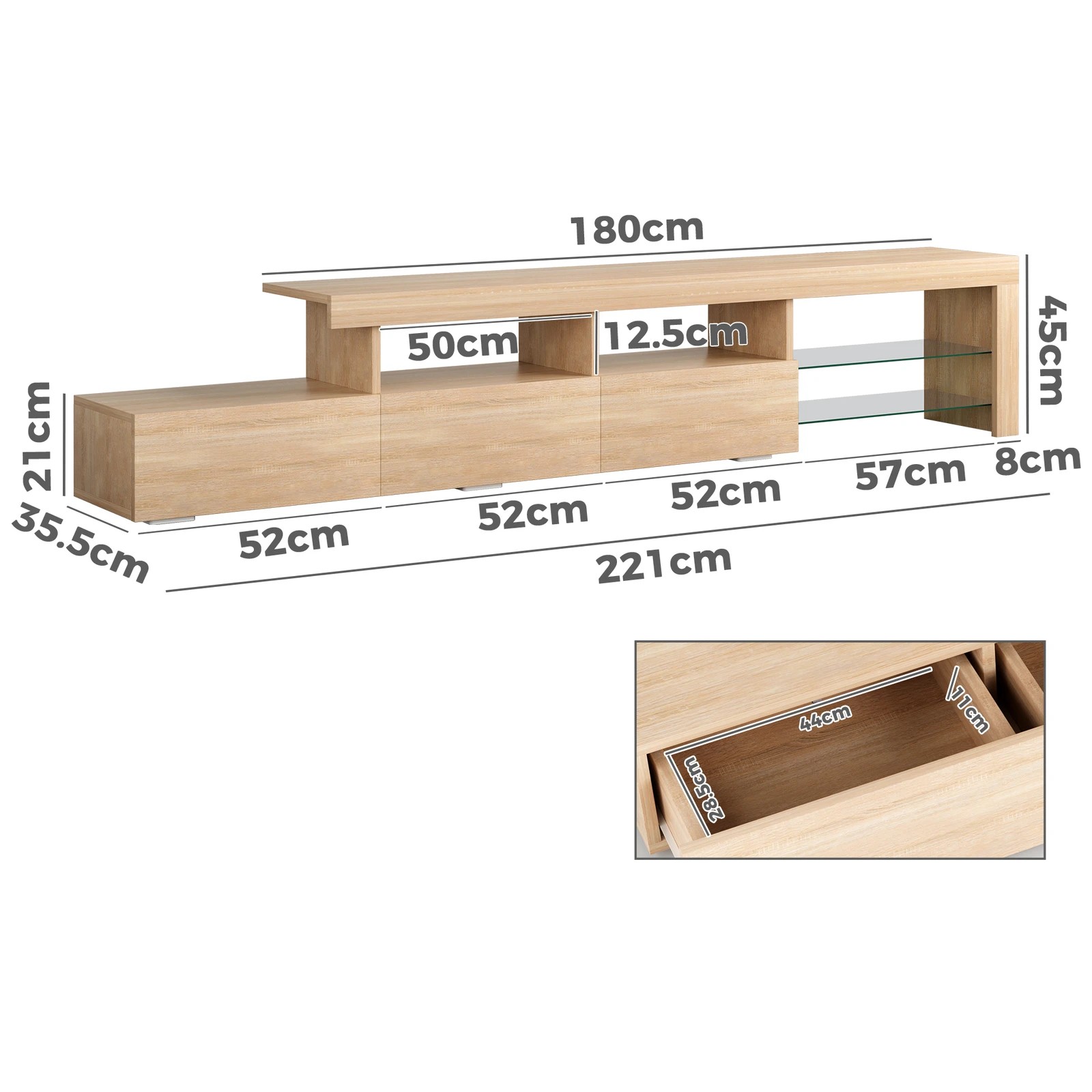 2 Alfordson Entertainment Unit 220cm TV Stand LED Light Storage Drawer - Oak, 2 of 10